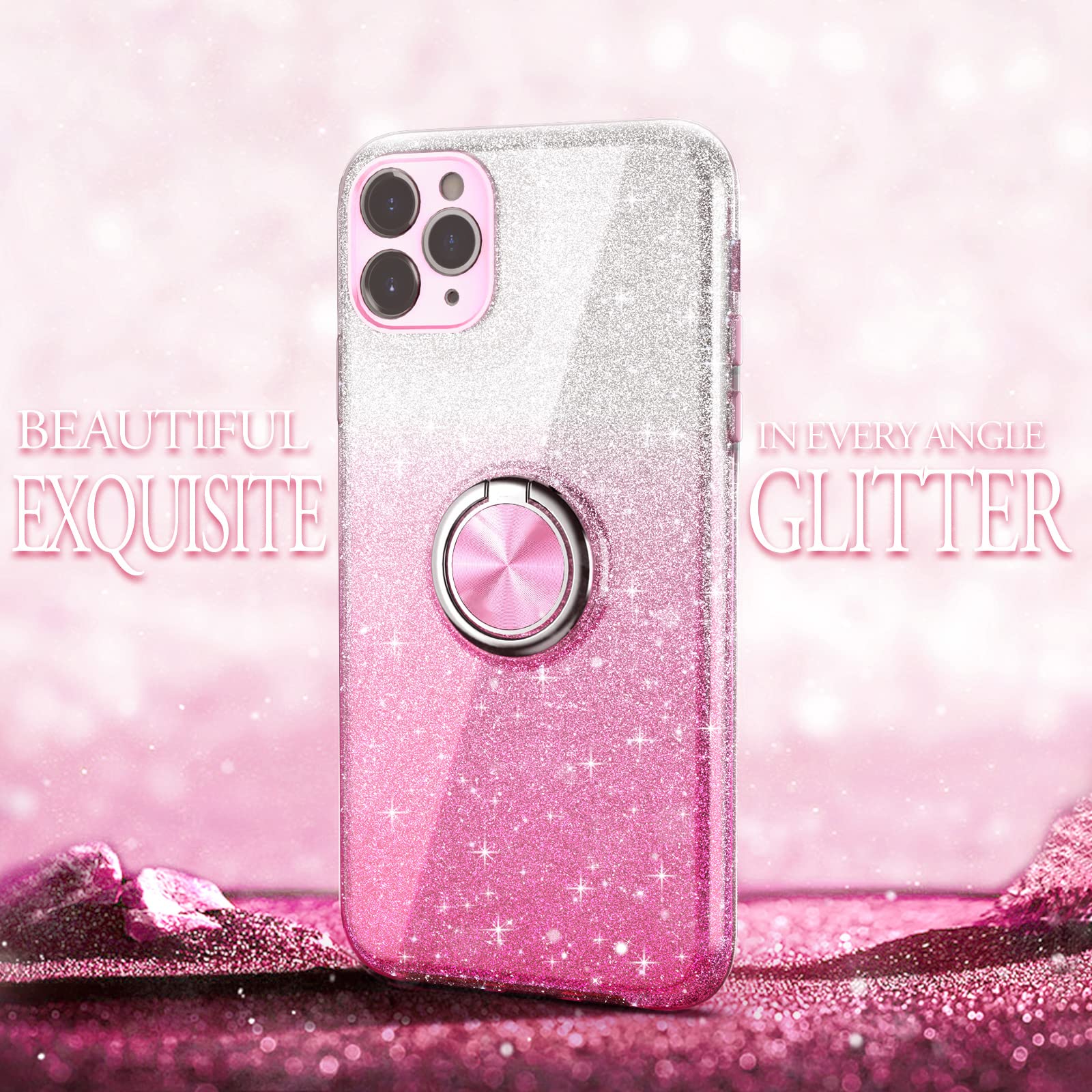 Sparkly Glitter iPhone 11 Pro Max Case with 360° Ring Holder & Magnetic Car Mount - Slim Shock-Absorbent Protective Cover for Women (6.5