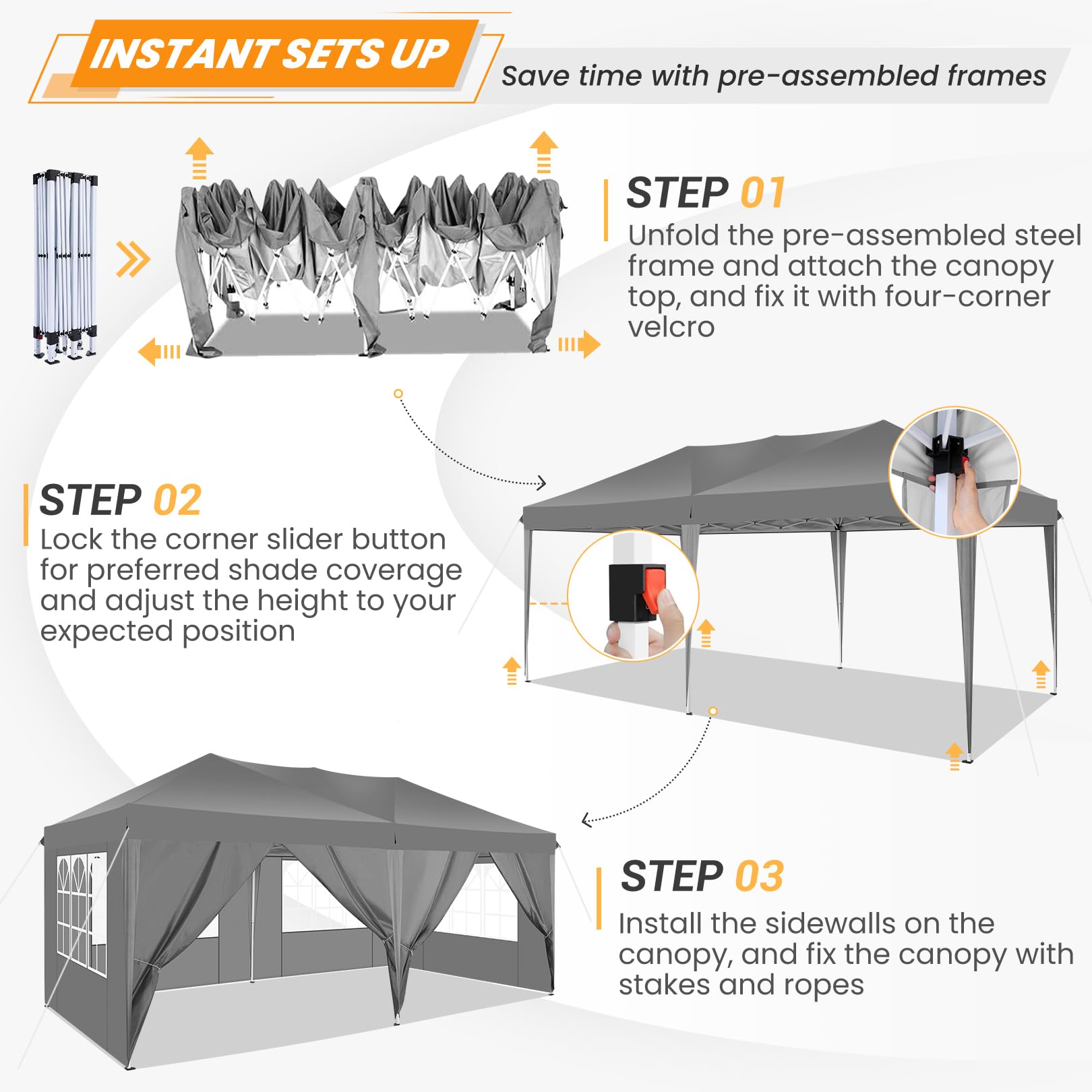 COBIZI 10x20 Pop Up Canopy Tent with 6 Sidewalls - Waterproof Instant Shelter for Outdoor Events, Beach Camping & Commercial Use | Portable Sun Shade Gazebo for Parties, Picnics & Tailgating (Grey, 10'x20')