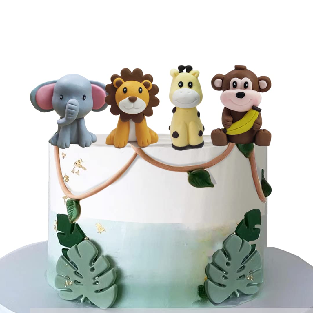 Jungle Safari Animal Cake Toppers Set - Lion, Giraffe, Monkey & Elephant Decorations for Birthday Party Cakes, Baby Showers & Themed Celebrations
