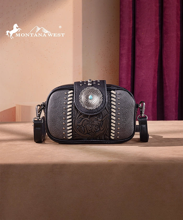 Montana West Genuine Leather Tooled Concho Crossbody Bag for Women - Stylish Western Handbag for Daily Use, Travel & Shopping