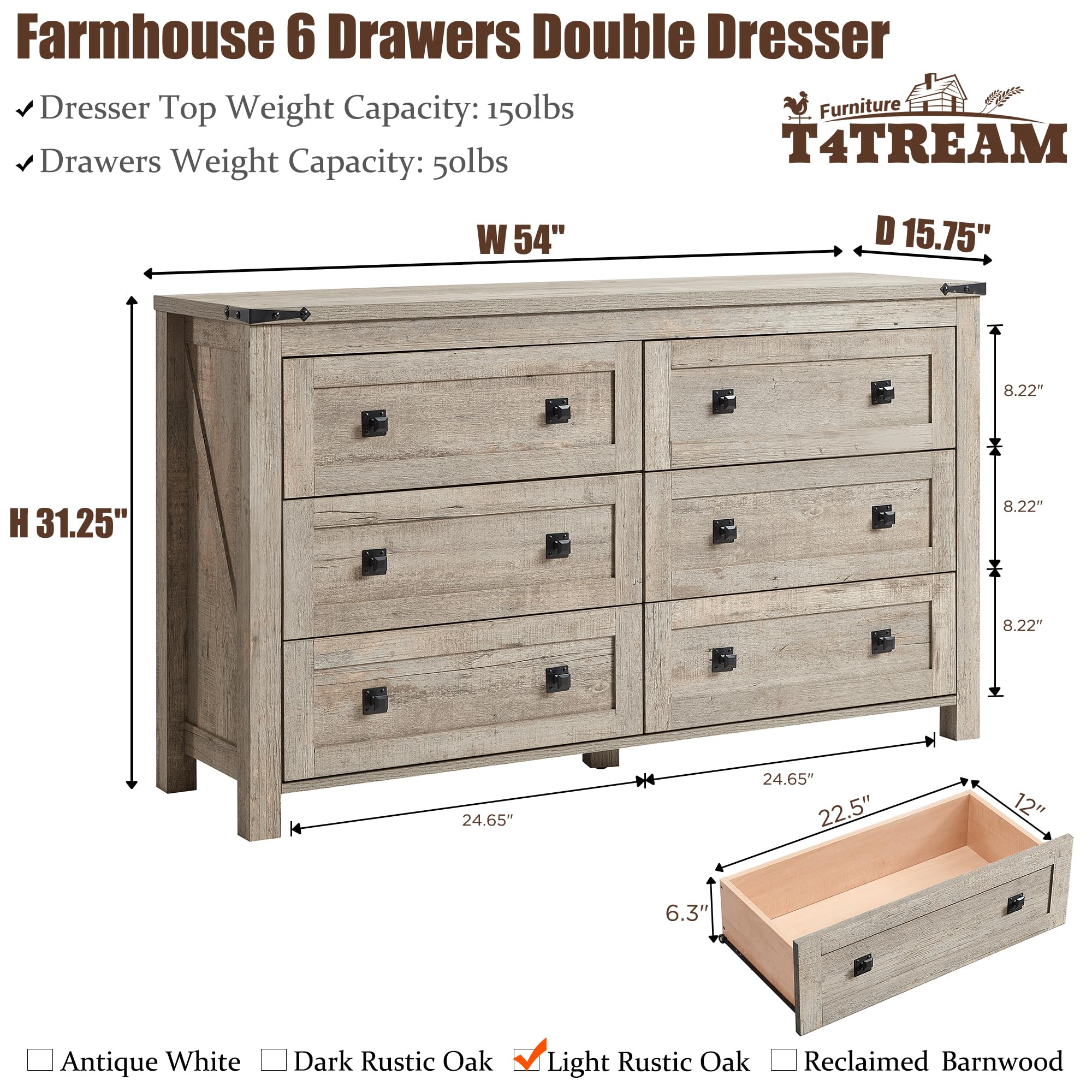 Farmhouse 6-Drawer Wood Dresser - Rustic Oak Storage Chest for Bedroom, Living Room & Hallway | Wide Drawer Organizer for Clothes, Linens & Home Decor