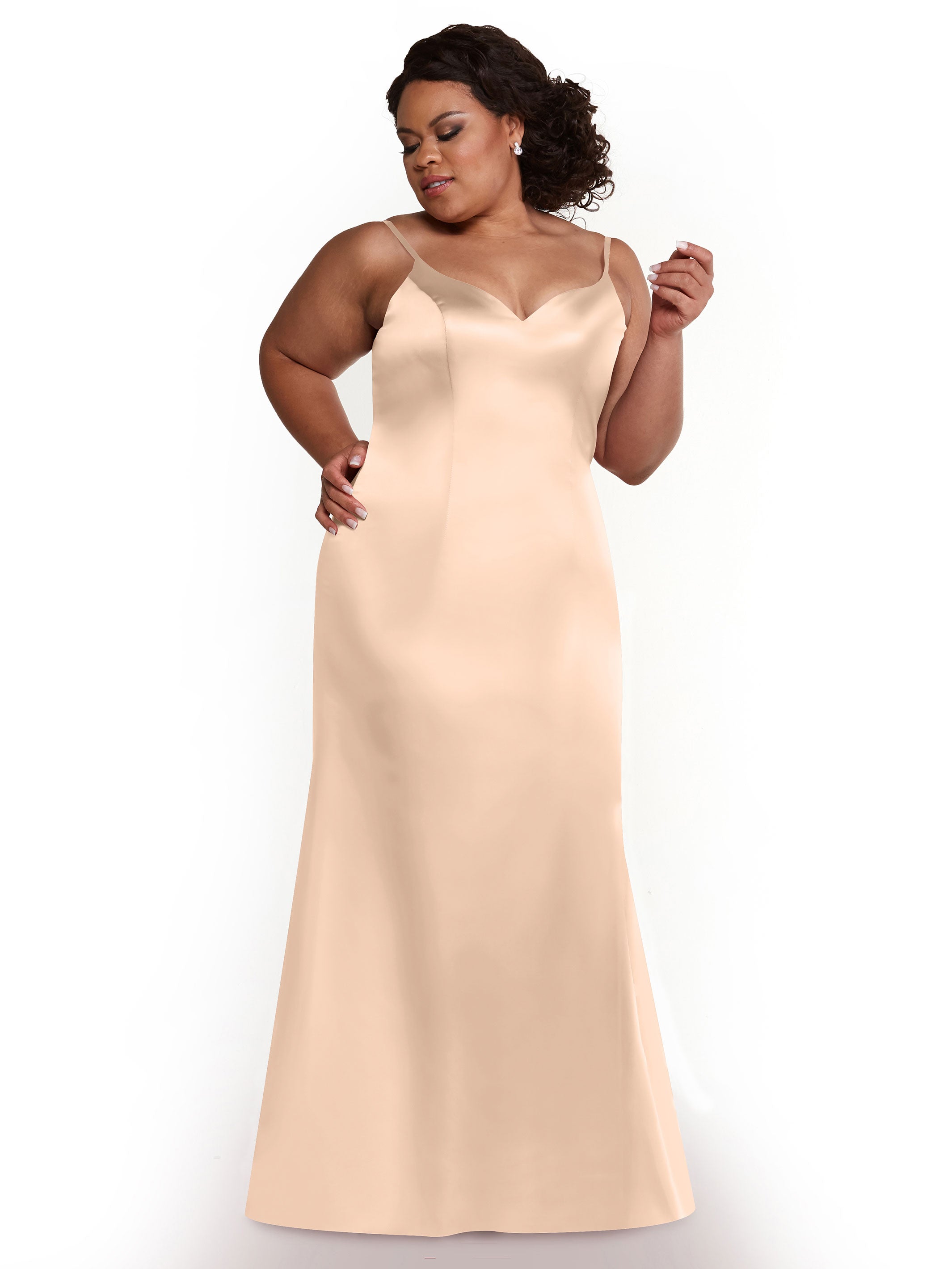 Elegant 80132 Fit and Flare Satin Bridesmaid Dress with Thigh High Slit - Perfect for Weddings, Proms, and Formal Events