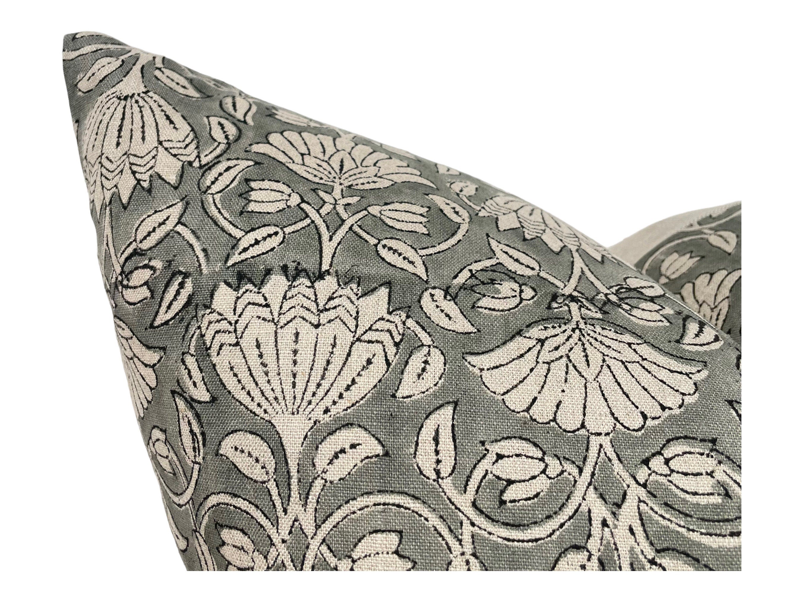 READY TO SHIP Designer Laguna Block Print Pillow Cover - Gray and Cream Cotton Pillow Case for Sofa, Bed & Home Decor