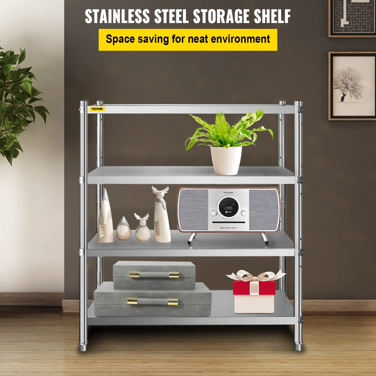 VBENLEM 46.8x18.5 Inch 4-Tier Adjustable Stainless Steel Shelving Unit - Heavy Duty 330lb Capacity Per Shelf for Kitchen, Commercial, Office & Garage Storage | Perfect for Organizing Pantry Supplies, Restaurant Equipment, Workshop Tools & Home Storage Solutions