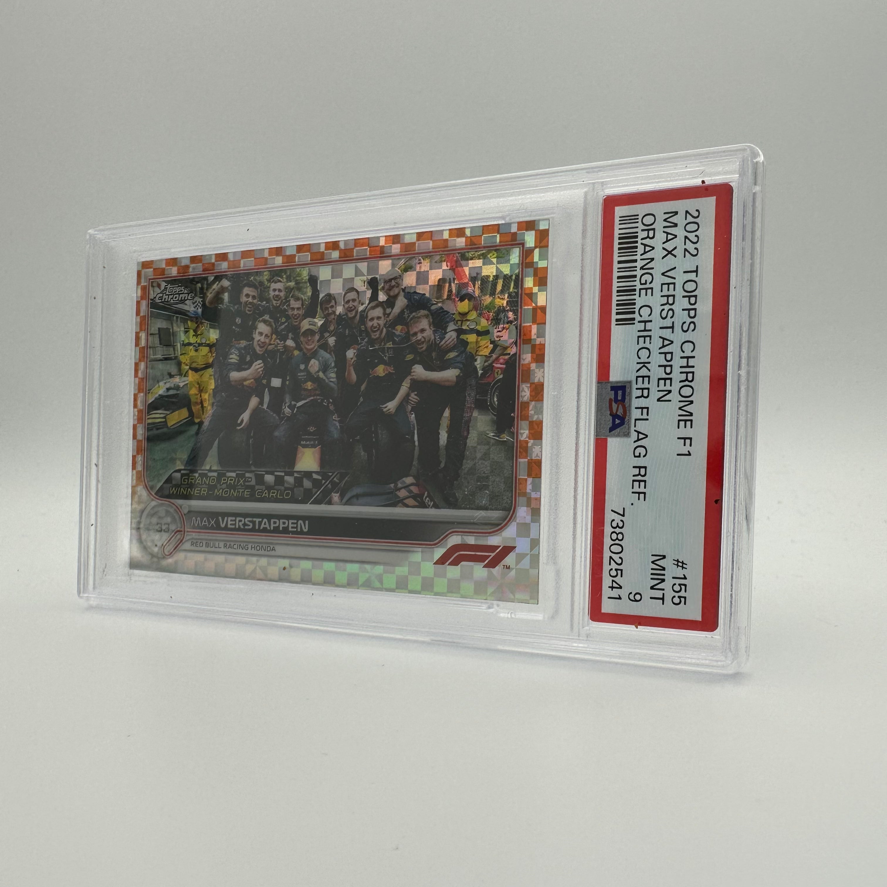 PSA 9 Graded 2024-25 Max Verstappen #155 Orange Checker Flag Refractor - F1 Racing Collectible for Display & Investment