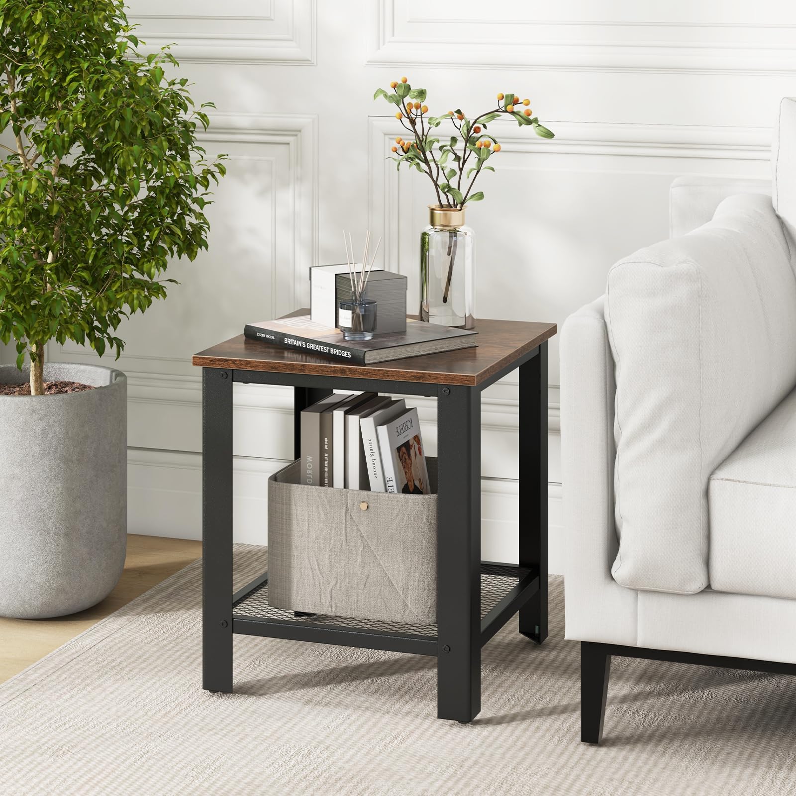 Giantex 2-Tier End Table Set of 2, 16 Inch Small Side Table with Mesh Storage Shelf, Industrial Telephone Table with Heavy-Duty Metal Frame, Square Sofa Table for Small Space Living Room, Rustic Brown - Perfect for Living Room, Bedroom, or Office Use