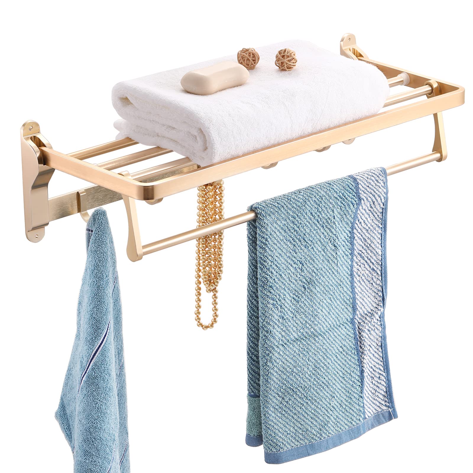 NDFECT Foldable 23 Inch Wall Mounted Aluminum Bathroom Towel Rack with Shelf - Space Saving Towel Holder for Small Bathrooms, Lavatory & Shower Organization