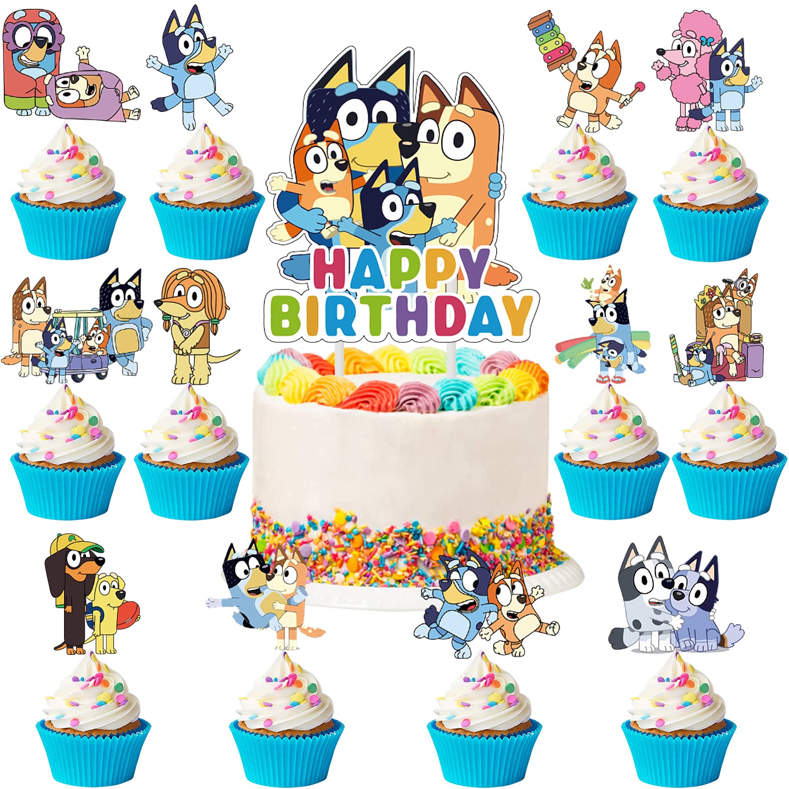 25PCS Blue Dog Cake Topper Decorations - Cartoon Dog Cupcake Toppers for Happy Birthday Party Supplies, Kids Party Favors - Perfect for Birthday Cakes, Cupcakes, Baby Showers & DIY Decorations