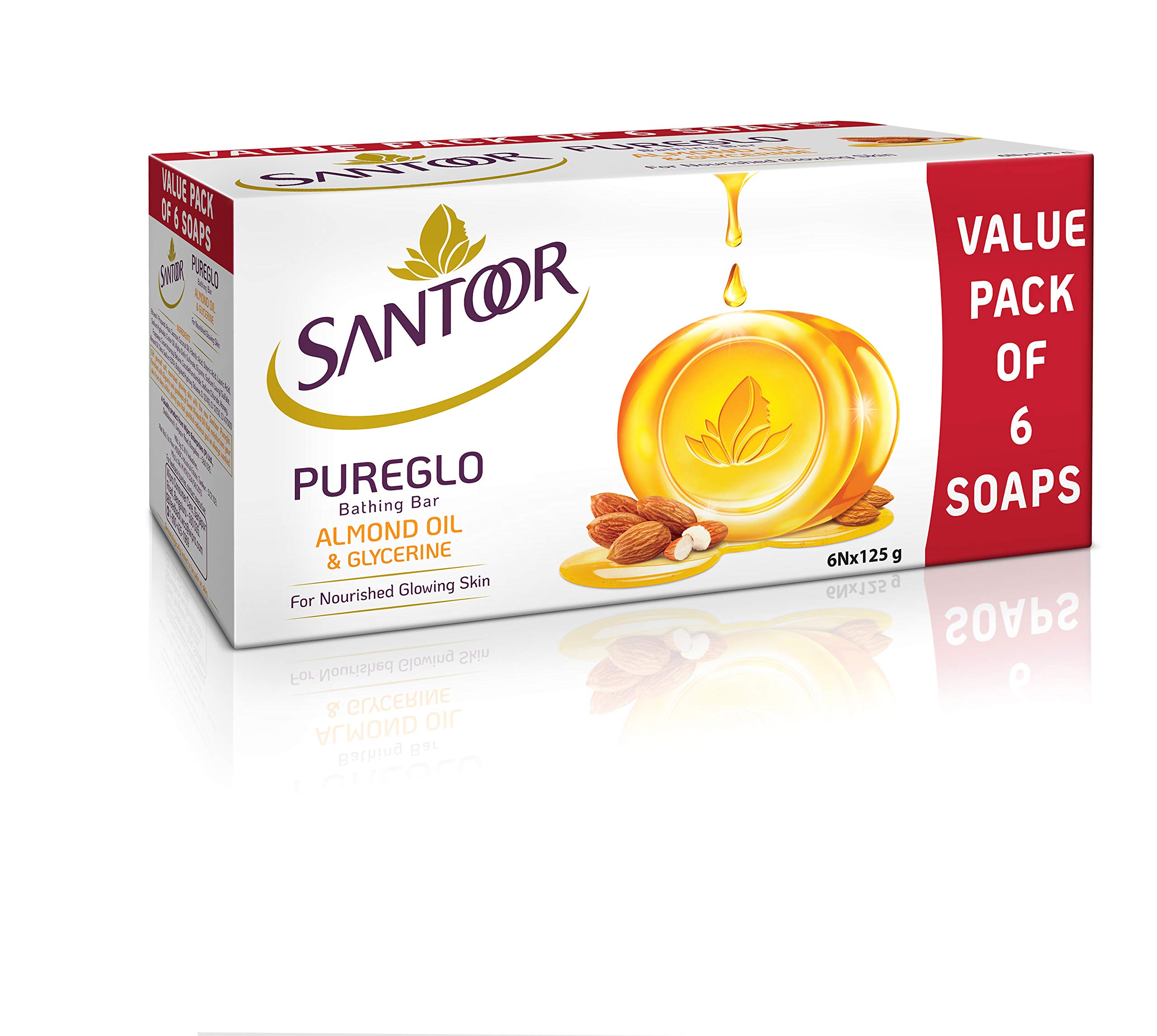 Santoor Sandal & Almond Milk Soap 150g (Pack of 6) and Pureglo Glycerine Soap with Almond Oil 125g (Pack of 6) - Natural Skincare for Nourished, Glowing Skin - Perfect for Daily Cleansing & Moisturizing