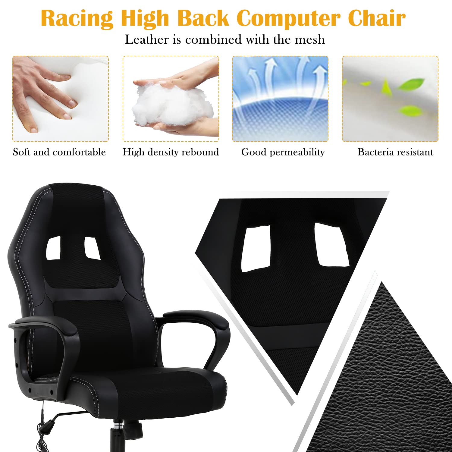 Ergonomic Gaming Chair for Adults - Adjustable Racing Office Chair with Lumbar Support & Armrests - Reclining Computer Task Chair for Video Games & Work - Black (Perfect for Home Office, Gaming Setup & Esports)