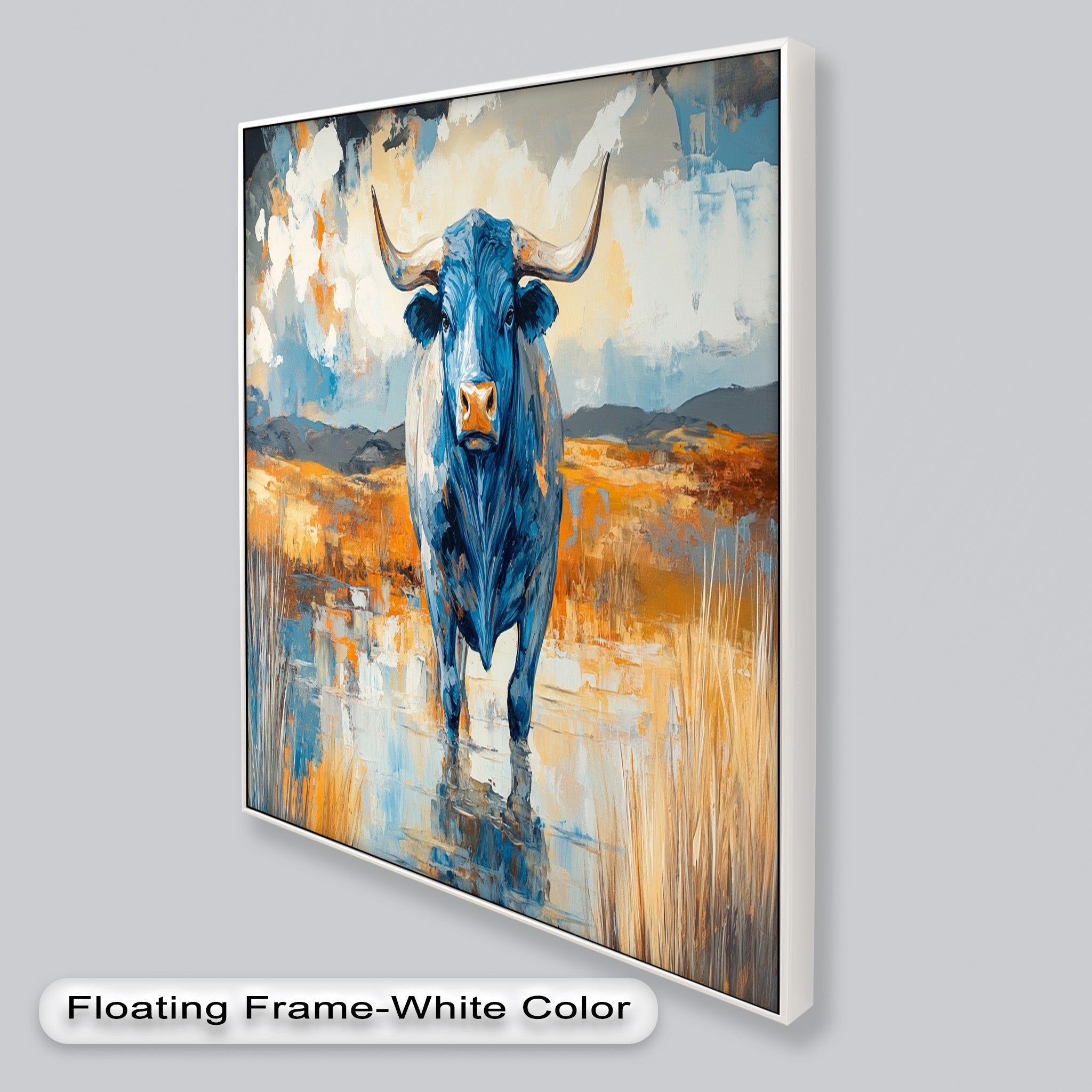Blue Desert Bull - Hand Painted Animal Oil Canvas Artwork | Western Wildlife Decor for Living Room, Bedroom & Office