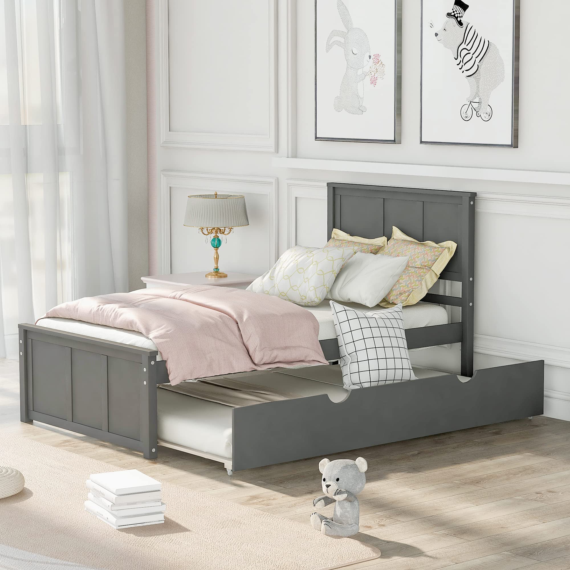 **P PURLOVE Twin Bed Frame with Trundle - Solid Wood Daybed with Headboard for Kids, Teens & Adults - Space-Saving Gray Twin Size Bed for Guest Rooms, Dorms & Small Spaces**