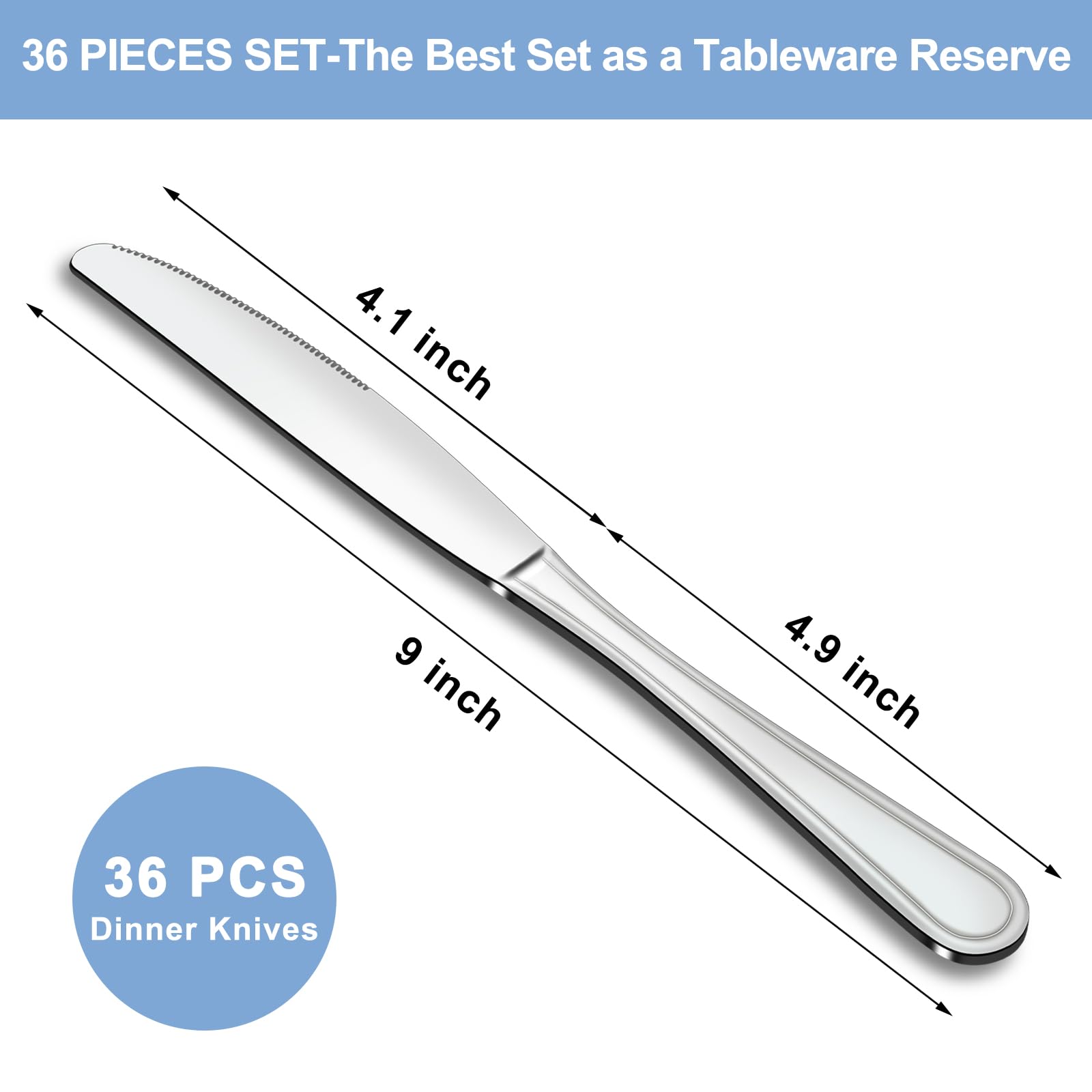 9-Inch Dinner Knives Set of 36 Pieces with Butter Knives - Ultra Sharp Stainless Steel Cutlery - Dishwasher Safe Silverware - Perfect for Formal Dining, Restaurant Use & Dinner Parties