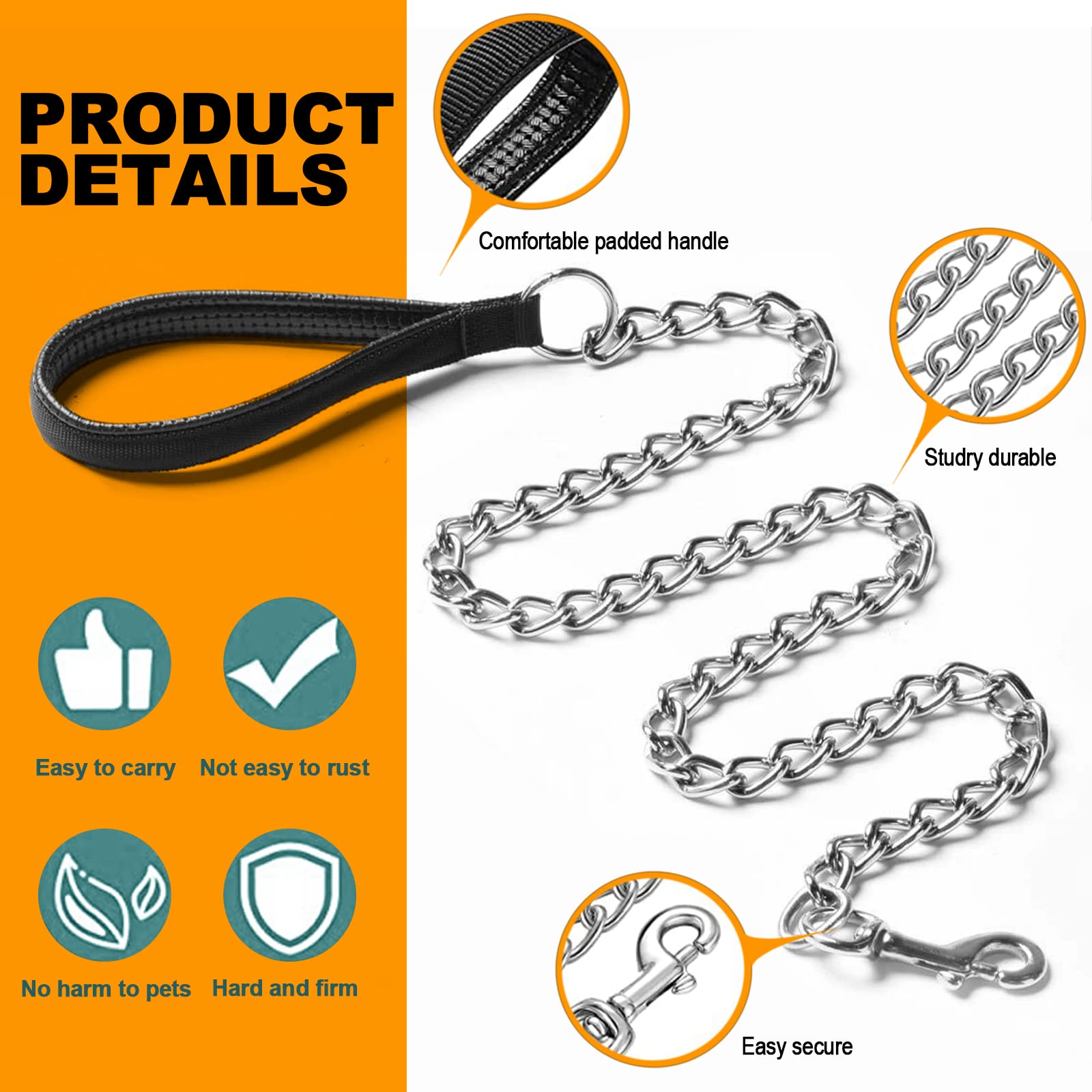 Heavy Duty Metal Dog Leash - 4FT Chew Proof Pet Leash Chain with Soft Padded Handle for Large & Medium Dogs (4FT x 3mm, 0-80 lbs) - Perfect for Walking, Training & Outdoor Adventures