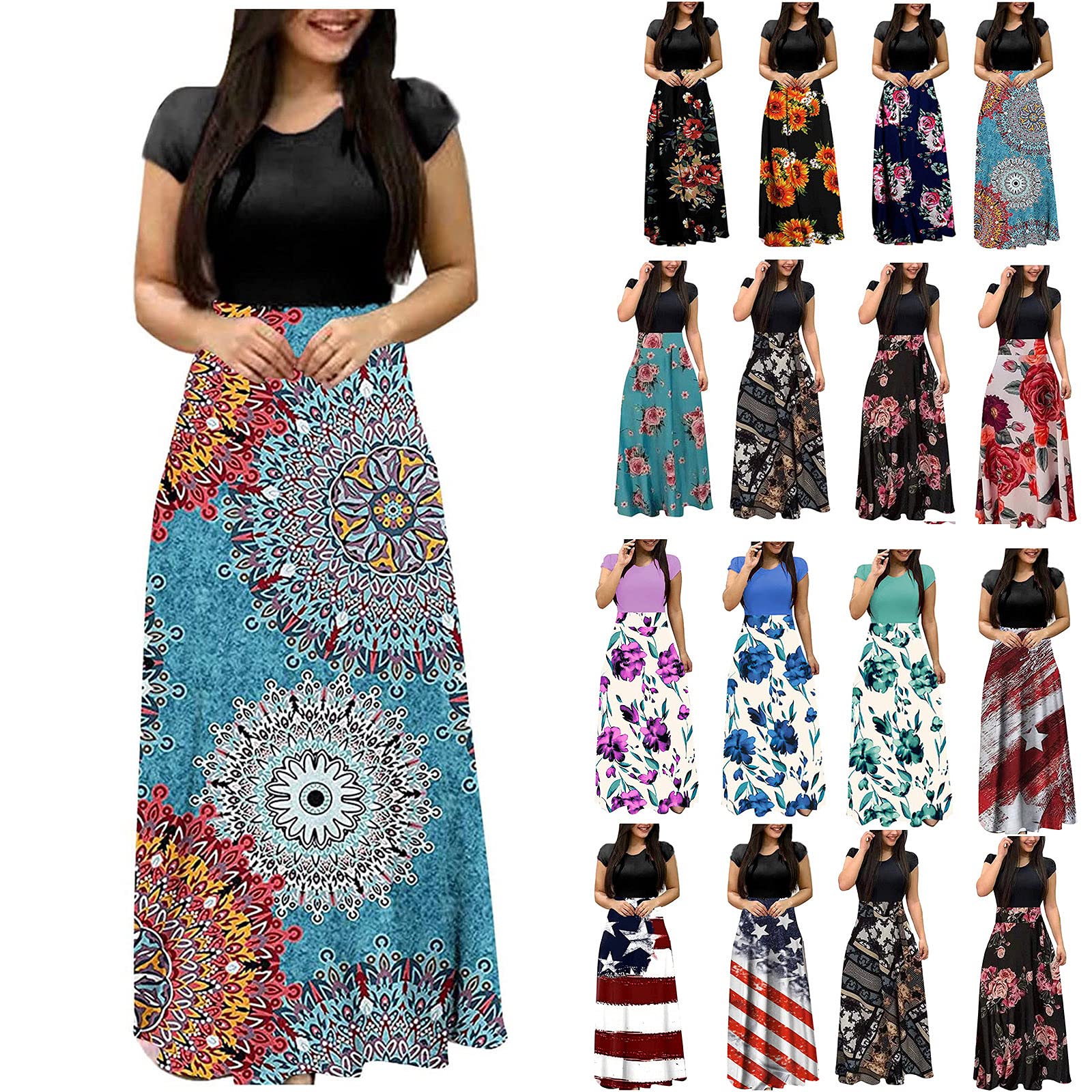 2024 Women's Floral Maxi Dress - Elegant Short Sleeve Summer Dress for Wedding Guest, Beach Vacation & Casual Outings | Plus Size Options Available