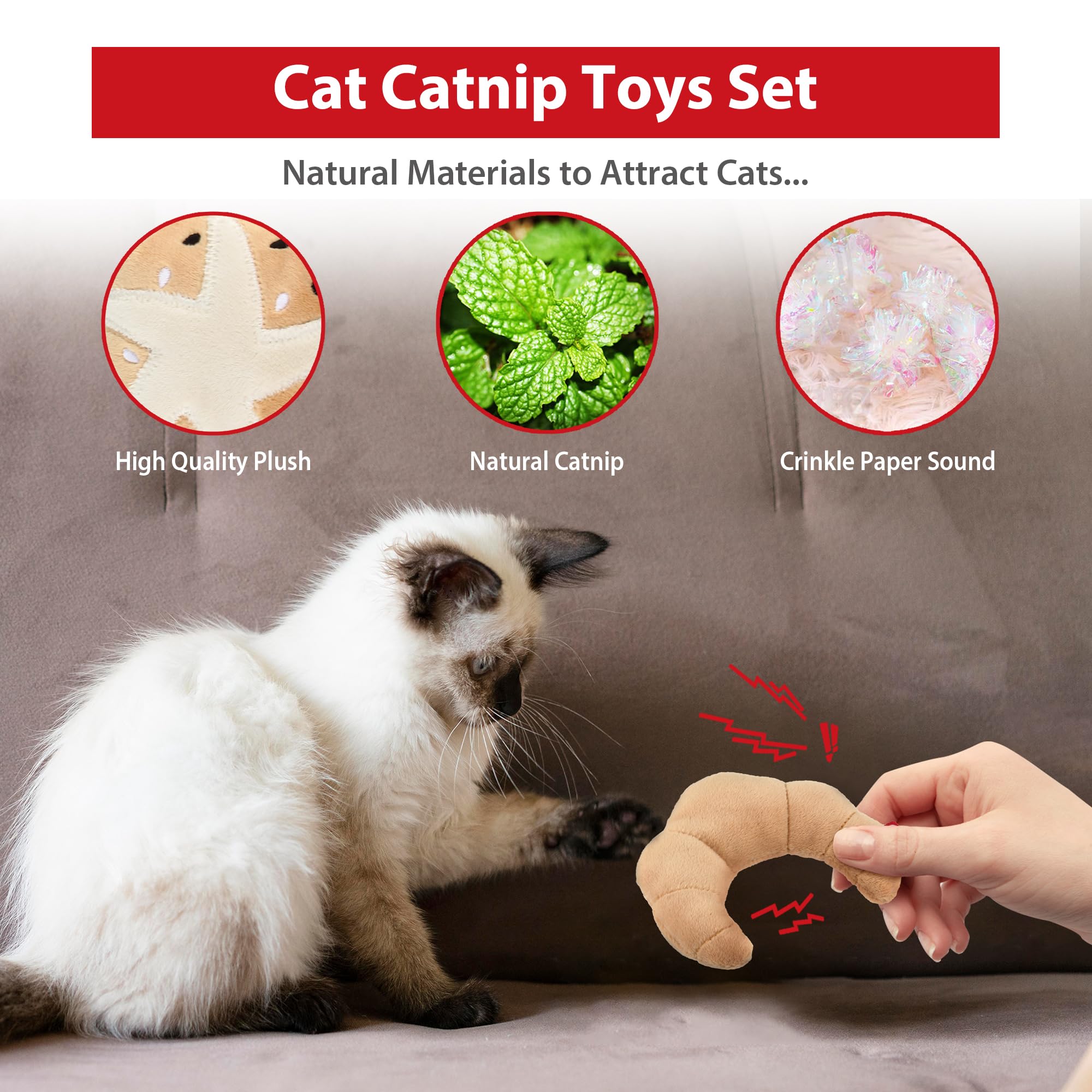 Gigwi Catnip Toys for Cats - 6 Pack Interactive Plush Cat Kicker Toys with Refillable Catnip, Crinkle Sound & Bread Design - Safe Kitten Teething Chew Toys for Indoor Play, Stress Relief & Enrichment Activities