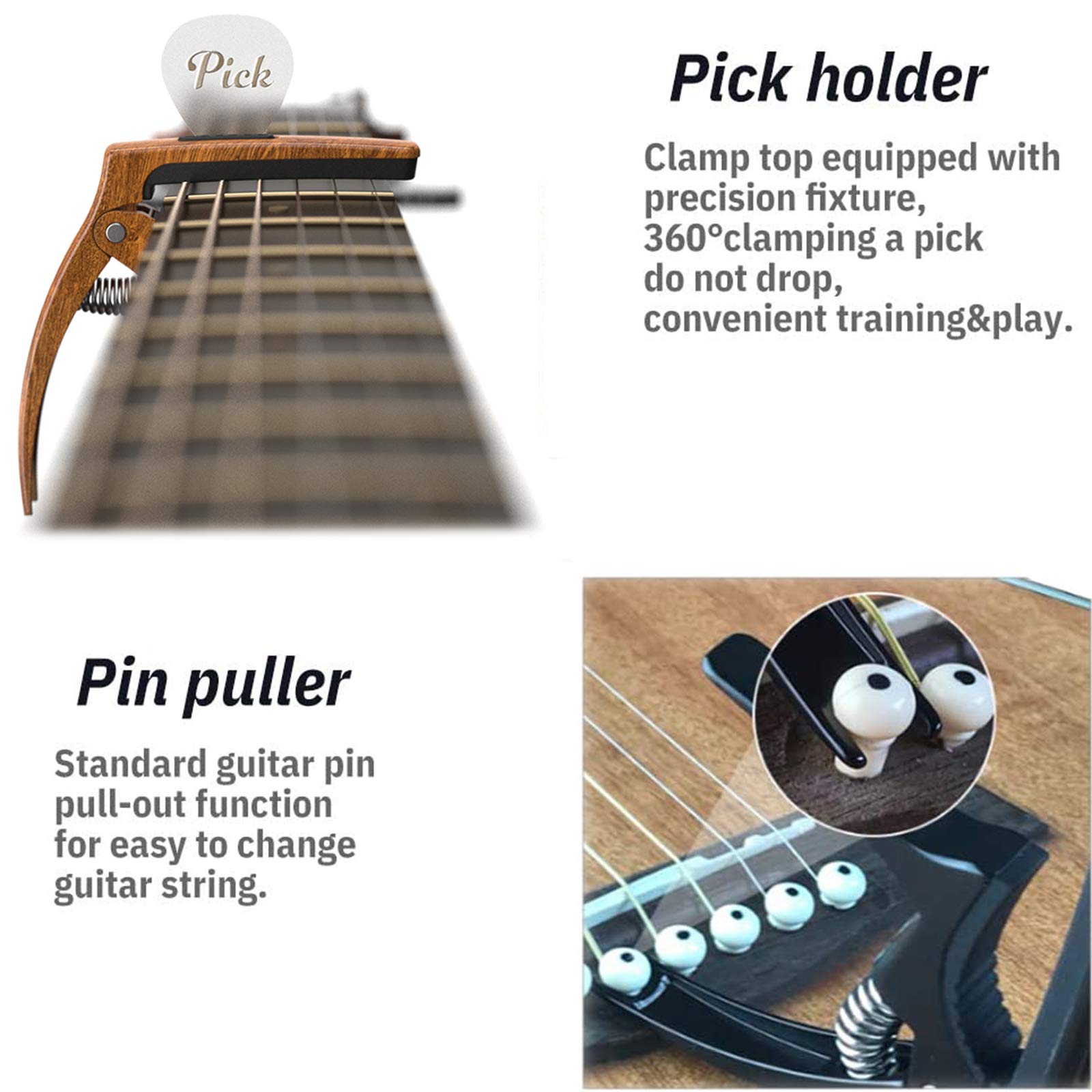 3-in-1 Guitar Capo for Acoustic & Electric Guitars with Pick Holder - 2 Pack Includes 6 Picks - Universal Ukulele Capo - Premium Strings Accessories (Black & Wood) - Perfect for Live Performances, Studio Recording & Practice Sessions