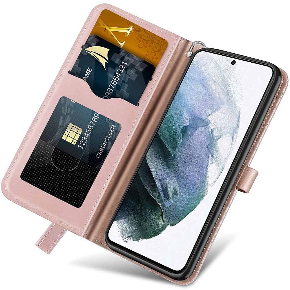 Premium PU Leather Samsung Galaxy S22 Case with Card Slots & Kickstand - Embossed Tree Design, Wrist Strap, 6.1 inch Protective Phone Cover (Rose) - Perfect for Daily Use, Travel & Hands-Free Viewing