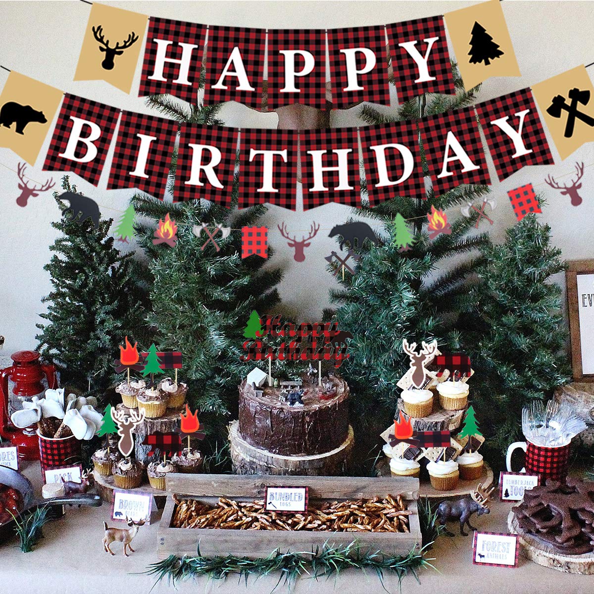Lumberjack 2nd Birthday Party Decorations for Boys - Two Wild Themed Decor Set in Black & Red Buffalo Plaid - Complete 2nd Birthday Party Supplies for Outdoor, Camping or Rustic Theme Celebrations