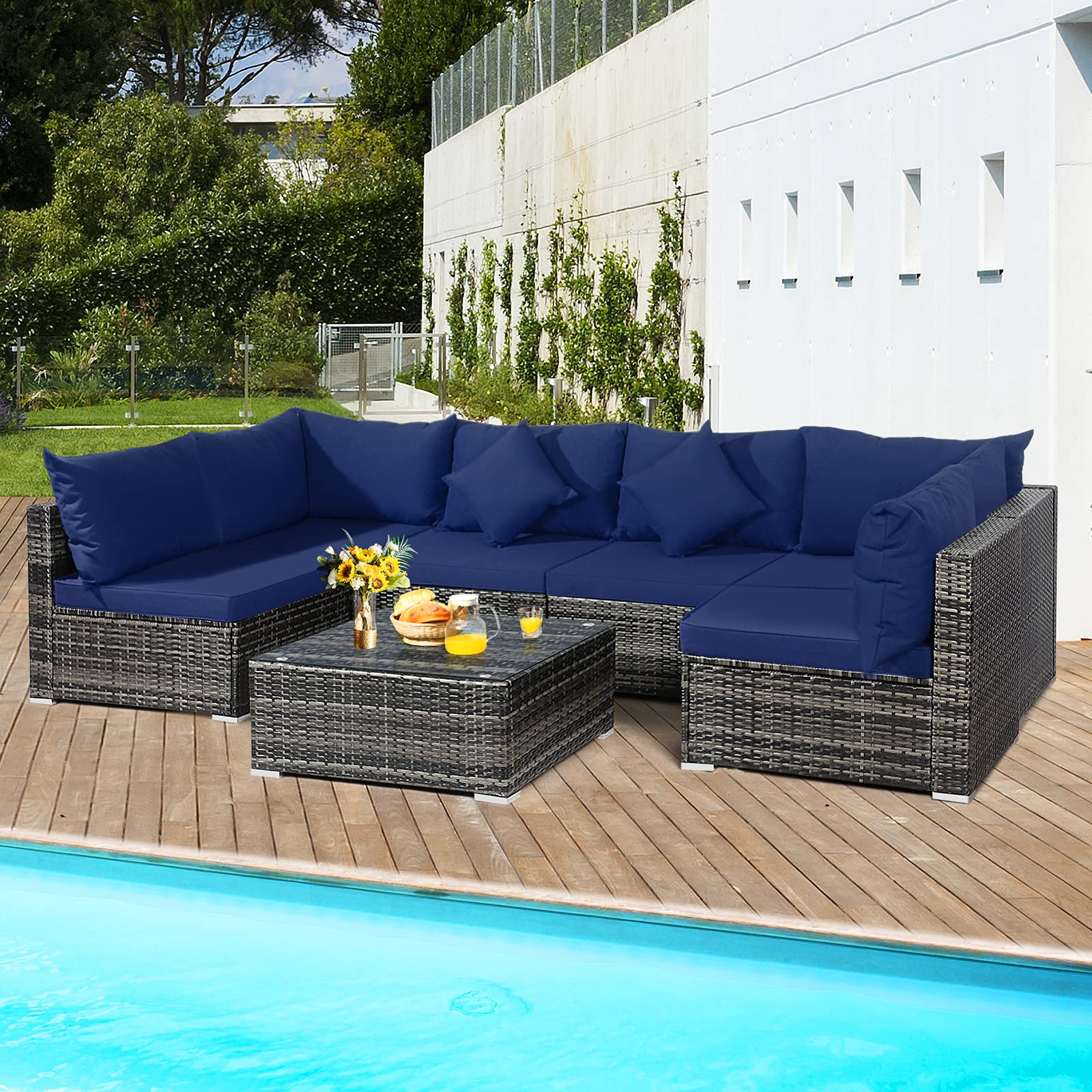 7-Piece Outdoor Patio Furniture Set - All-Weather PE Rattan Sectional Sofa with Cushions & Tempered Glass Coffee Table - Navy Blue Conversation Set for Backyard, Garden, Poolside or Deck Relaxation
