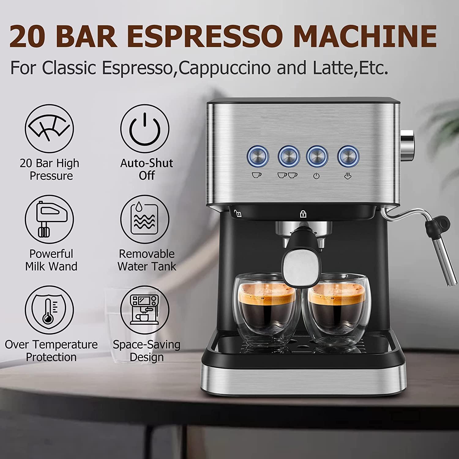 Premium 20 Bar Semi-Automatic Espresso Coffee Maker with Milk Frother Steam Wand - Perfect for Cappuccino, Latte & Espresso at Home - Large 50oz Removable Water Tank - Ideal for Kitchen, Office & Coffee Shop Use