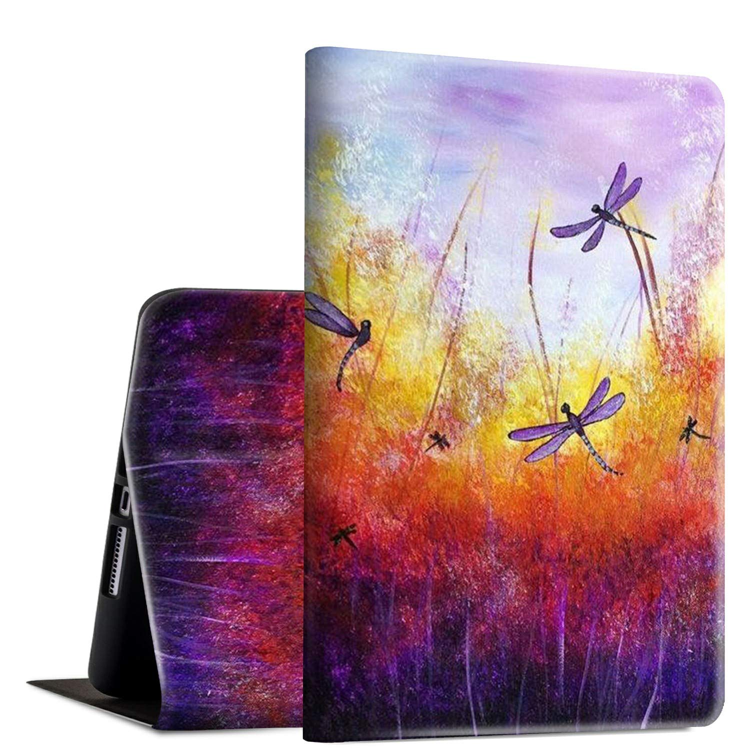 Premium PU Leather Folio Case for iPad 9.7 (2018/2017), iPad Air 2 & iPad Air - Shockproof Smart Cover with Auto Wake/Sleep & Adjustable Stand - Purple Dragonfly Design - Perfect for Work, Travel & Home Use