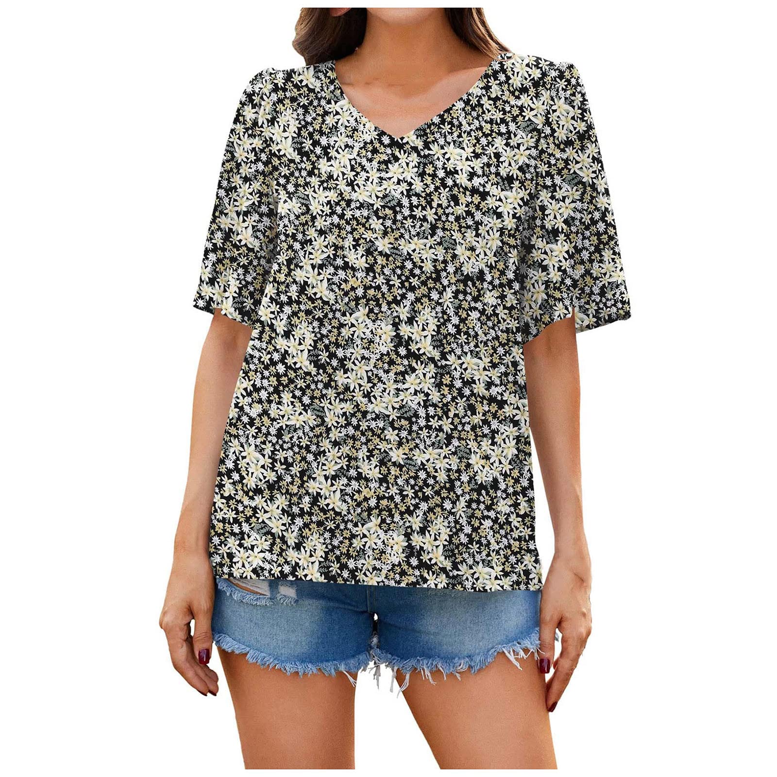 Women's Boho Summer Tops - Vintage Floral Print Blouses, Loose Casual V-Neck T-Shirts, Lightweight Soft Chiffon Tee for Beach, Vacation & Everyday Wear