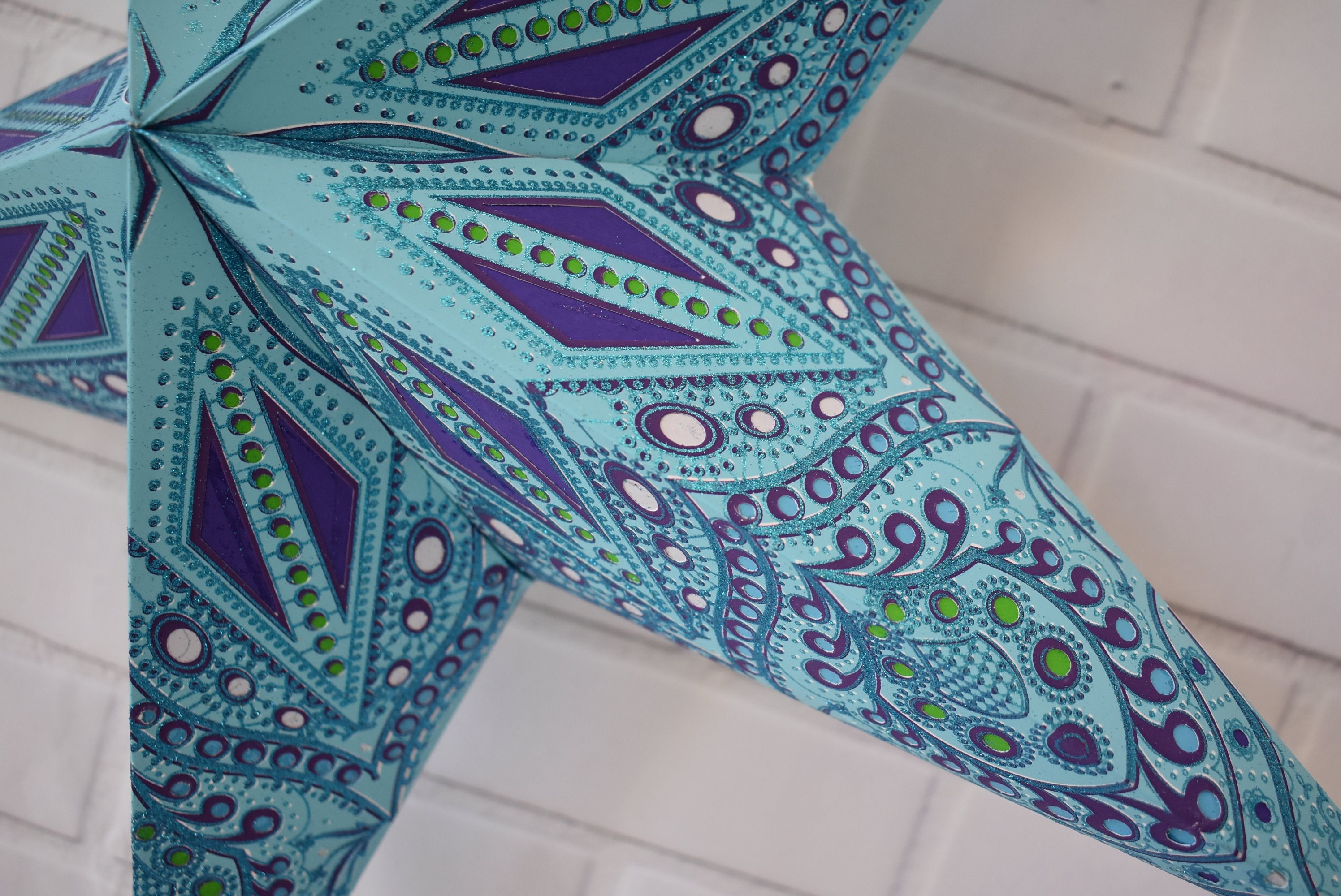 24 Pack Turquoise Crystal Glitter Paper Star Lanterns - Hanging Wedding, Party & Home Decorations for Indoor/Outdoor Events, Baby Showers & Festive Celebrations