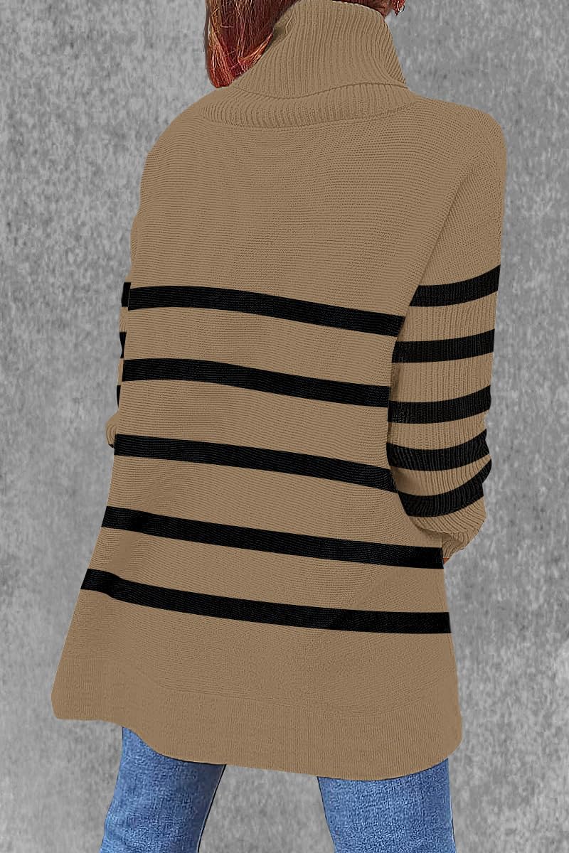 Women's Oversized Turtleneck Sweater - Long Sleeve Striped Knit Pullover with Split Hem | Cozy Winter Fashion, Casual Office Wear & Holiday Outfit