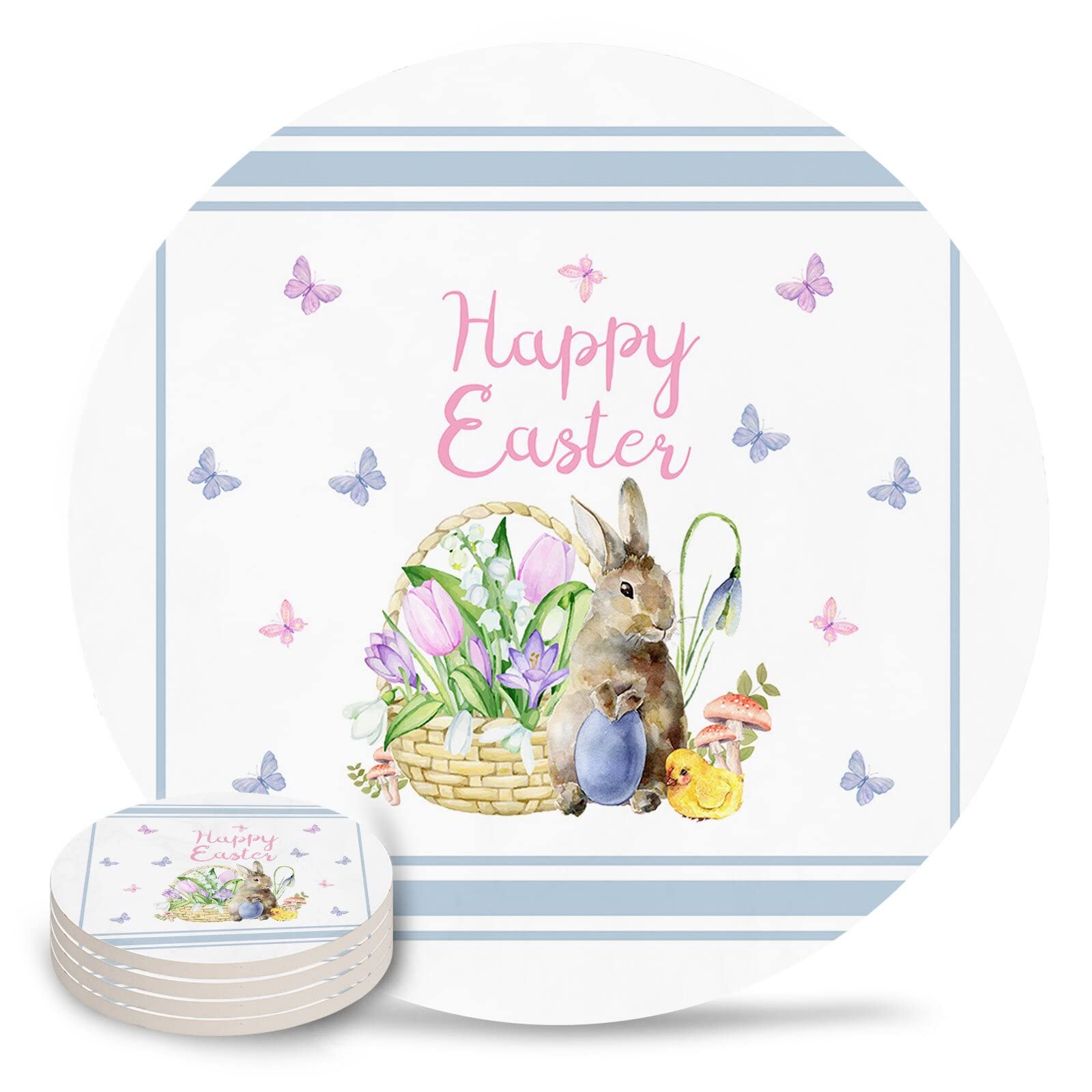 Butterfly Easter Egg Bunny Flower Spring Rabbit Ceramic Coaster Set - 8pcs Round Coasters for Coffee & Tea Cups, Kitchen & Dining Table Decor - Perfect for Easter, Spring Parties & Home Decor