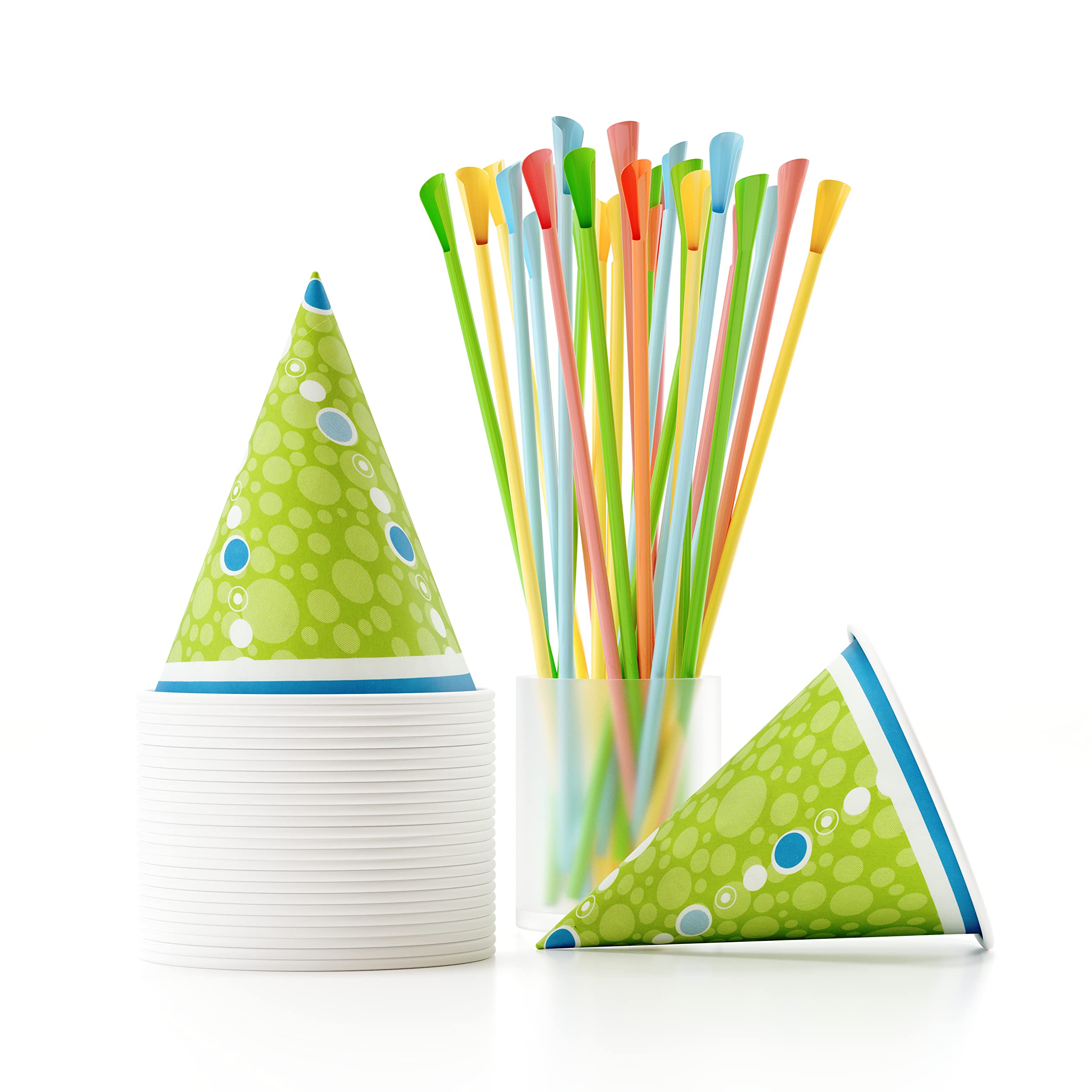 Hawaiian Shaved Ice Cups and Straws Set - 200 Pack 6oz Durable Waxed Paper Snow Cone Cups with 200 Plastic Spoon Straws, Multi-Colored for Summer Parties, Beach Events, and Kids Treats