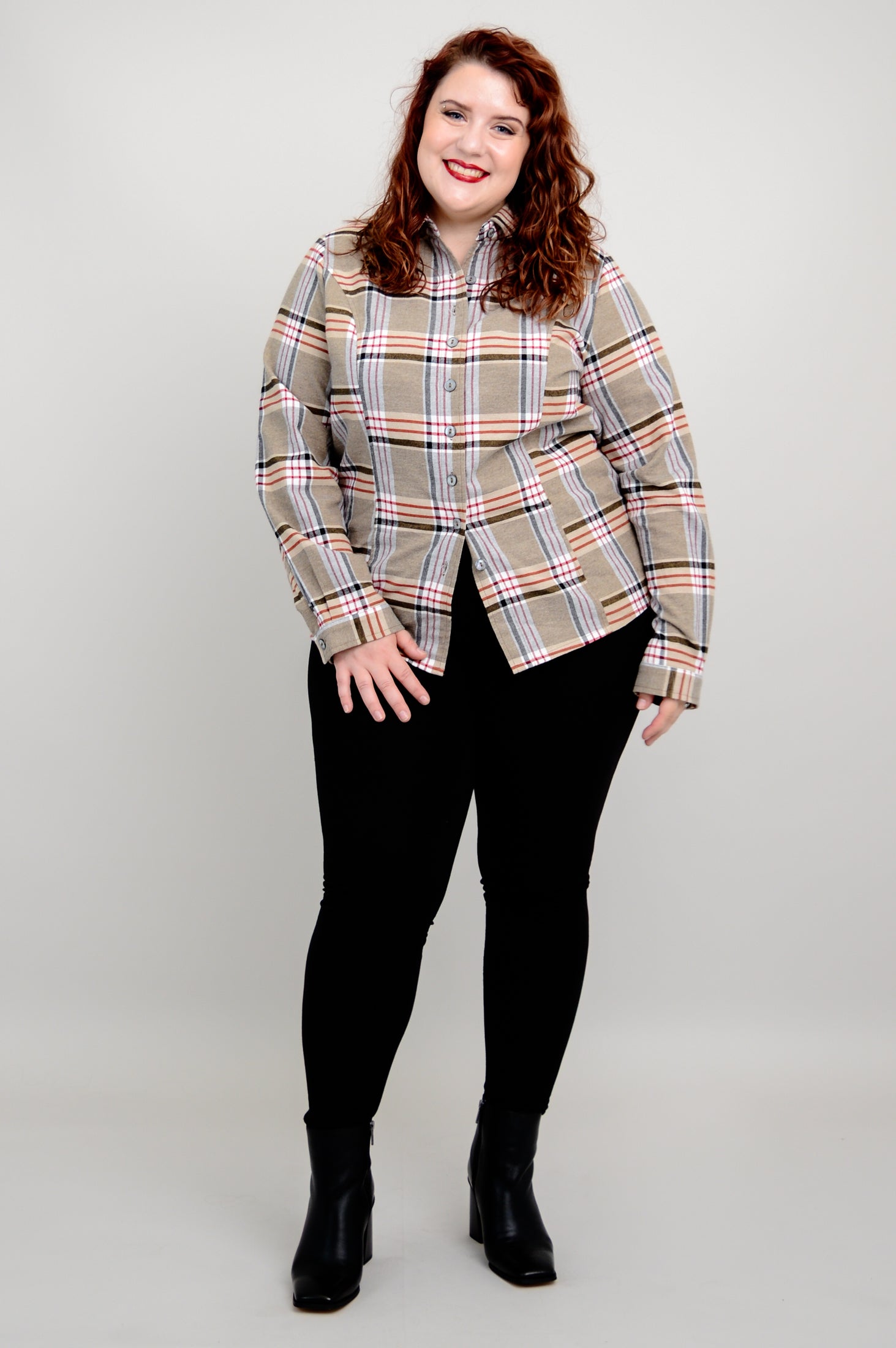 Alexis Top - Taupe Plaid Cotton Flannel Shirt for Women | Cozy Fall & Winter Layering Essential