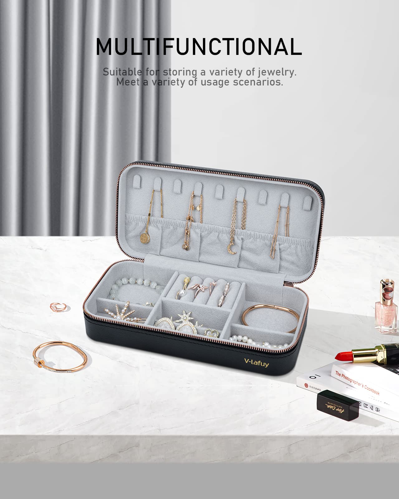 Portable Travel Jewelry Organizer Box for Women - Compact Jewelry Case for Rings, Earrings, Necklaces, Bracelets & Watches (Black) | Perfect for Vacation, Business Trips & Daily Storage