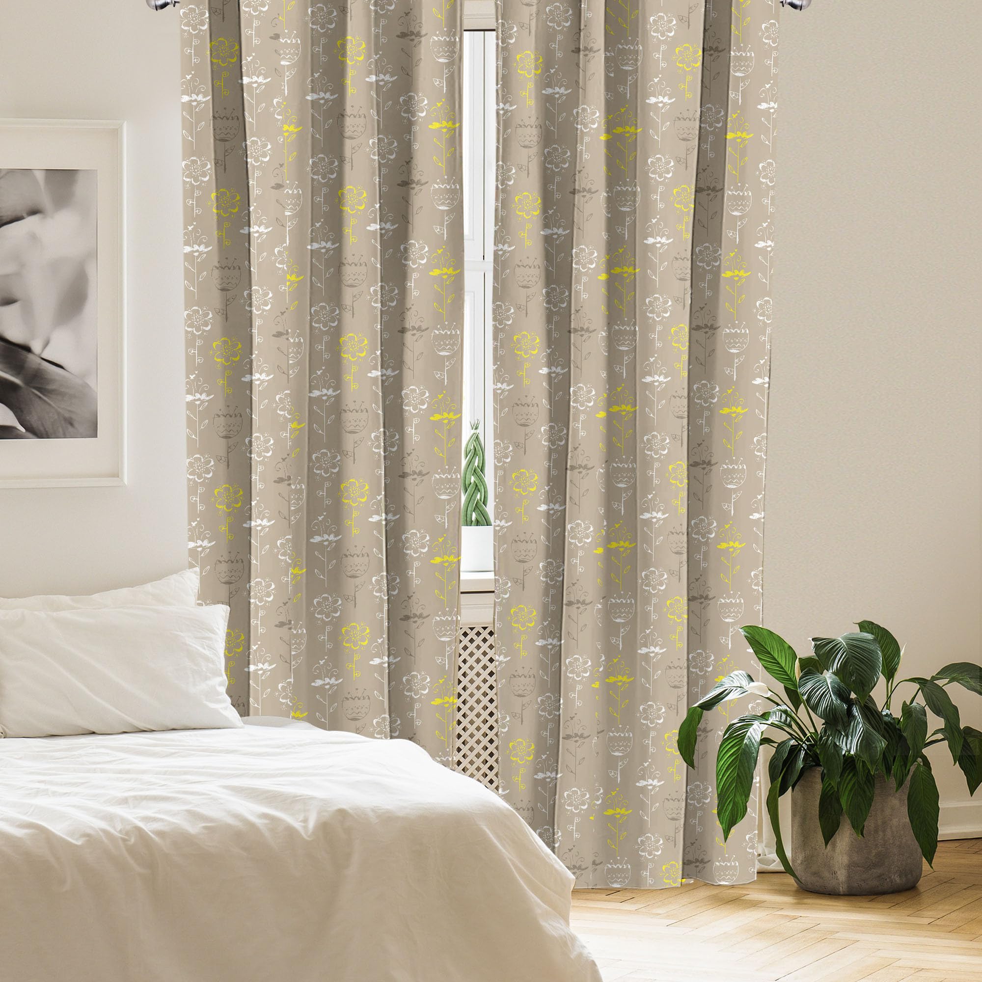 Ambesonne Grey and Yellow Window Curtains - Hand Drawn Tulips Flowers Leaves Butterflies Art - Lightweight Blackout Curtains 2-Panel Set with Rod Pocket (28