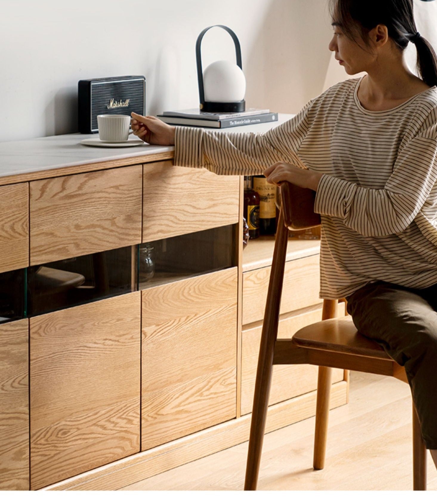 Oak Solid Wood Nordic Sideboard with Slate Top - Modern Buffet Cabinet for Dining Room, Living Room & Entryway Storage