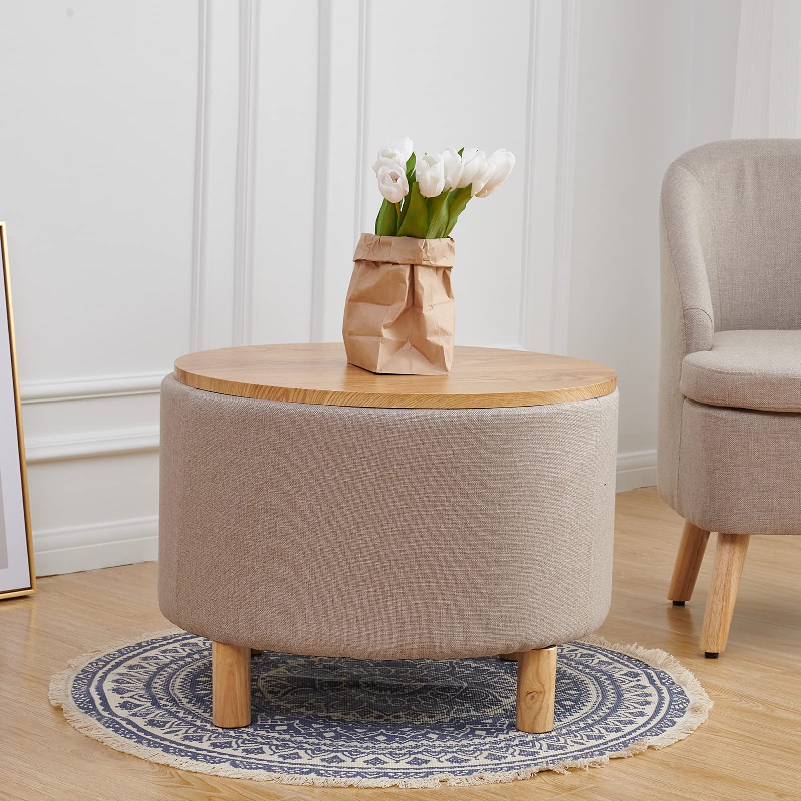Modern Round Coffee Table with Storage - Solid Wood Legs, Removable Wooden Lid Tray - End Accent Table & Ottoman Side Table for Living Room, Bedroom, Office (Cream) | Perfect for Small Spaces, Coffee Lovers & Home Decor