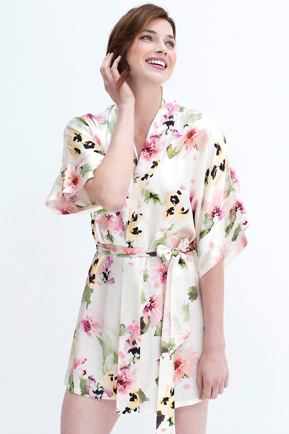 Samantha Silk Kimono Robe - Watercolor Floral Print Women's Lightweight Bathrobe for Spa, Beach Cover Up & Loungewear