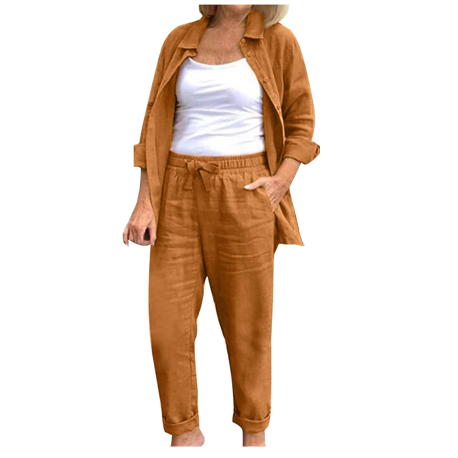 YMADREIG Women's 2-Piece Linen Outfit - Long Sleeve Button Down Shirt & Baggy Pants Set | Summer Casual Lounge Wear | Perfect for Beach Vacations, Yoga, and Relaxing at Home
