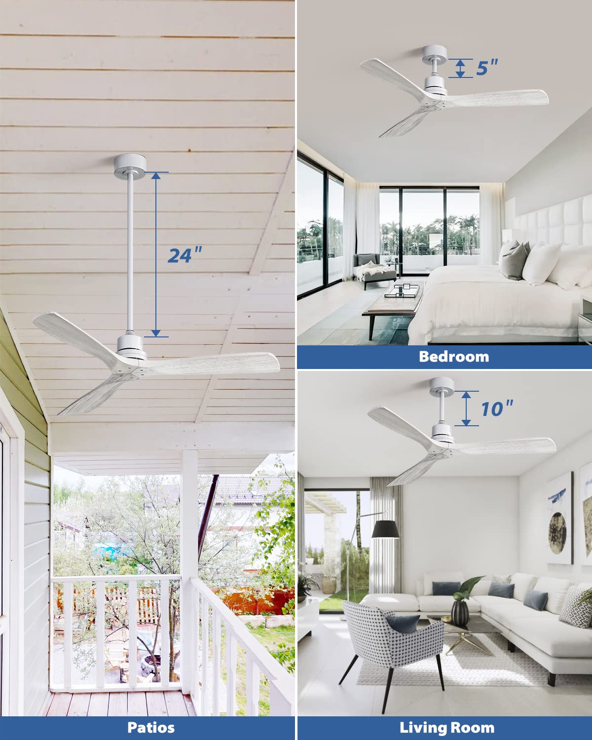 52 Inch Solid Wood Ceiling Fan with Remote Control - No Light Flush Mount Modern Design, 3 Reversible Blades, Quiet DC Motor - Perfect for Indoor/Outdoor Living Room, Bedroom, Patio & Farmhouse Decor