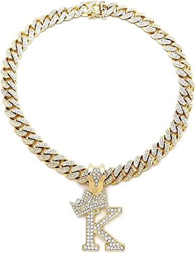 18K Gold Plated Hip Hop Alphabet Initial 'K' Pendant with 12mm Iced Out Cuban Chain Necklace for Men - Perfect for Streetwear, Gifts & Hip Hop Fashion