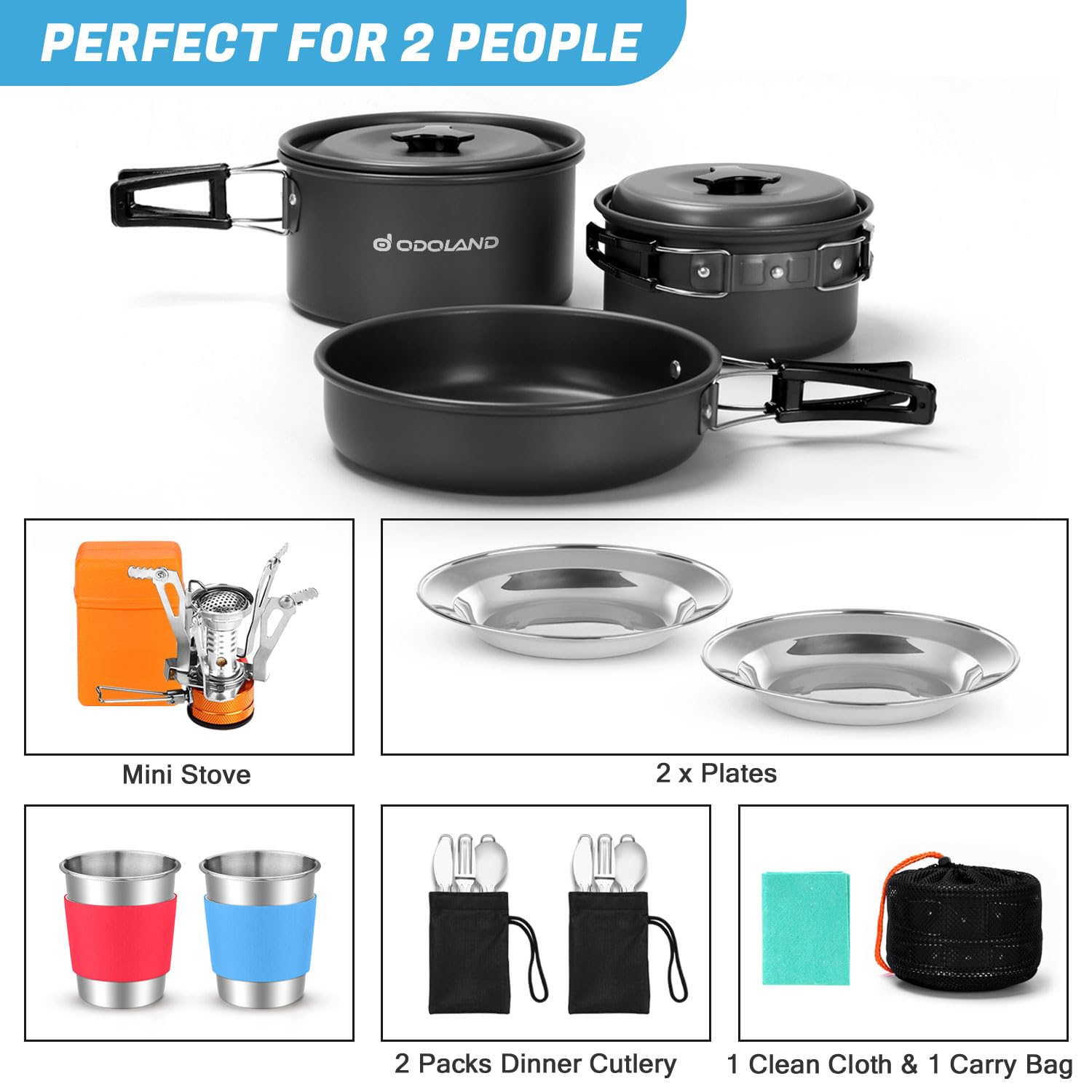 Odoland 16-Piece Camping Cookware Set with Folding Stove - Non-Stick Lightweight Pots, Pans, Stainless Steel Cups, Plates, Forks & Spoons - Perfect for Camping, Backpacking, Hiking & Outdoor Cooking Adventures