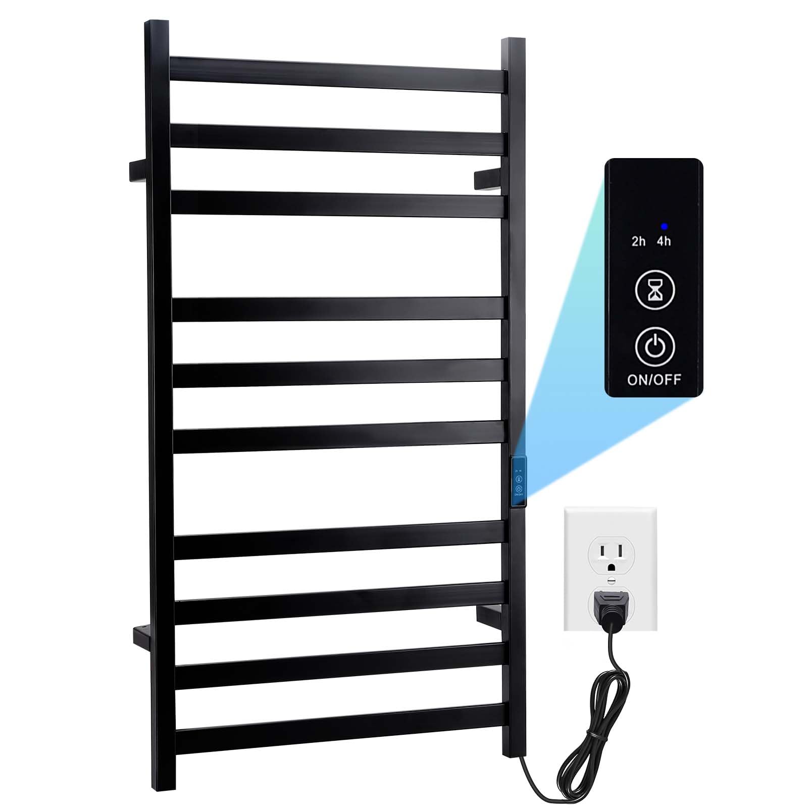 Heated Towel Rack Electric - 10 Bar Wall Mounted Bathroom Towel Warmer, Matte Black, Plug-in - Perfect for Spa, Luxury Hotels & Cozy Home Bathrooms