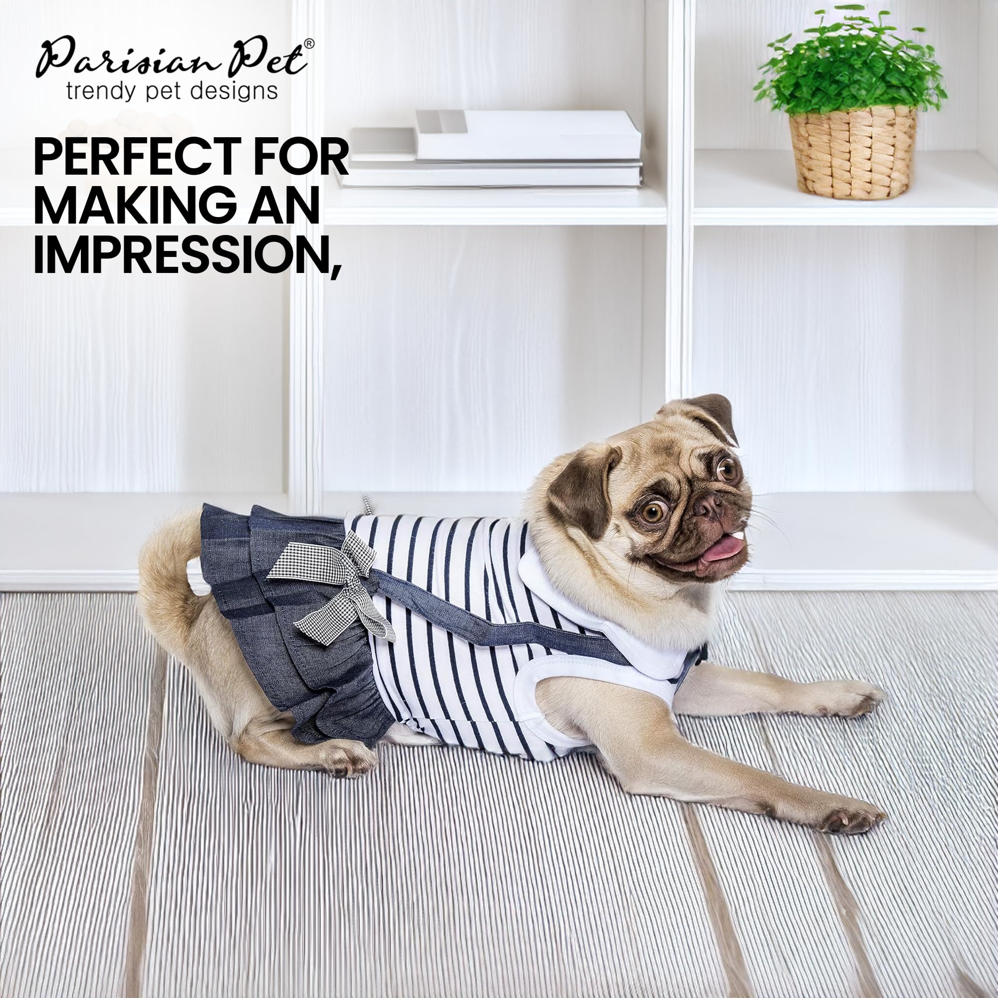 Parisian Pet Dog Dress - Preppy Girl Dog Clothes - Stylish Chambray Skirt Summer Outfit for Small Dogs - Lightweight Sleeveless Dog Overall Dress - Perfect for Parties, Walks & Photo Shoots