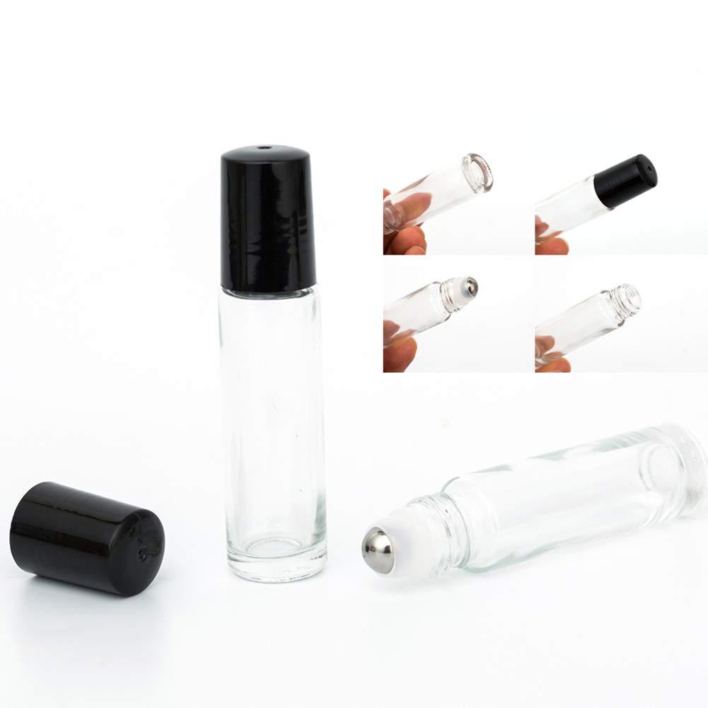 10ml Essential Oil Roller Bottles 6-Pack - Clear Thick Glass Bottles with Stainless Steel Roller Balls & 2 Droppers - Perfect for Aromatherapy, DIY Blends & Travel