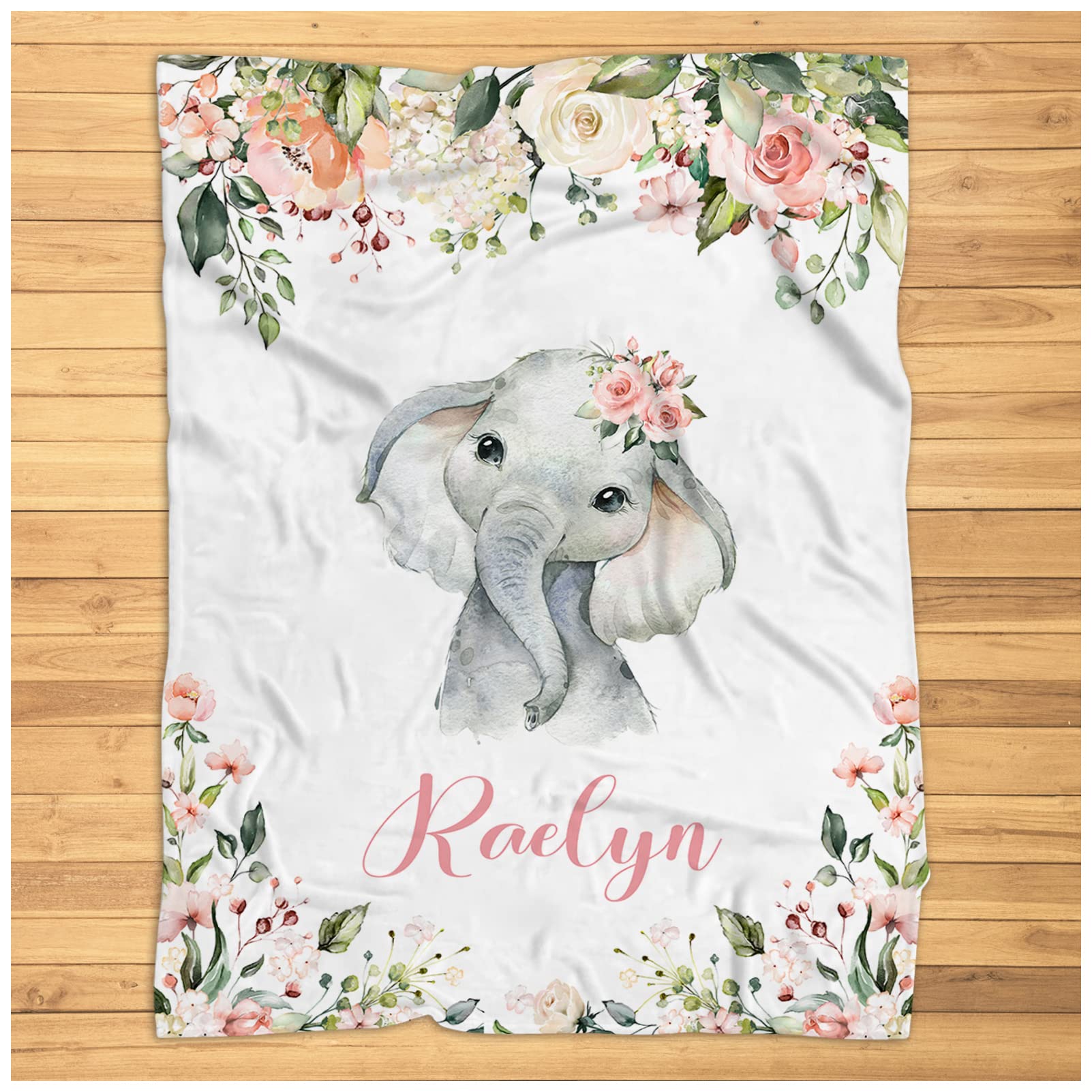 Elephant Baby Blanket for Girls - Vintage Floral Safari Nursery Blanket - Super Soft Plush Personalized Baby Name Blanket - Perfect for Nursery Decor, Baby Shower Gifts & Cozy Bedtime