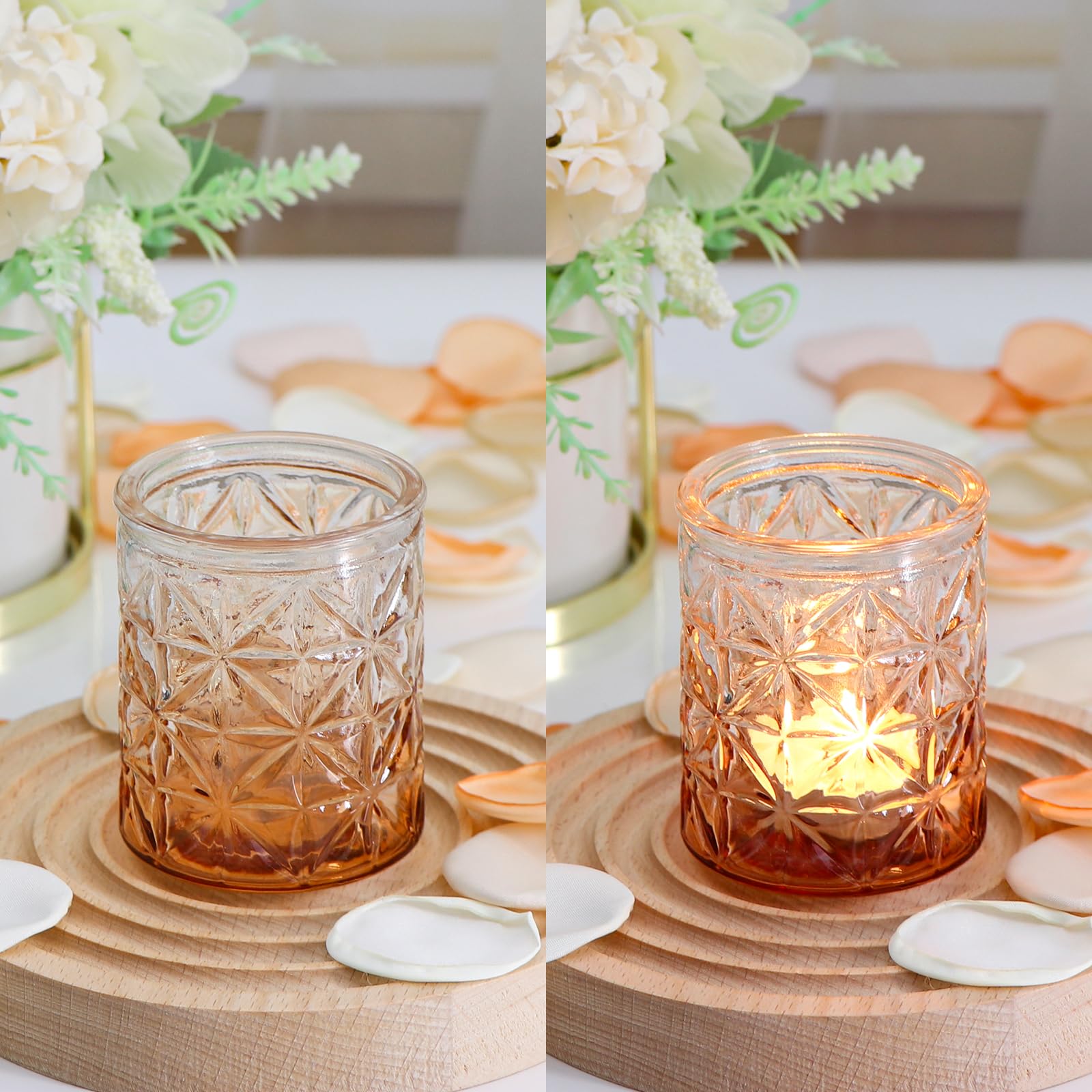 24-Piece Amber Glass Votive Candle Holders Set - Elegant Tea Light Candle Holders for Wedding Centerpieces, Holiday Table Decor, Romantic Dinner Ambiance & Home Decoration