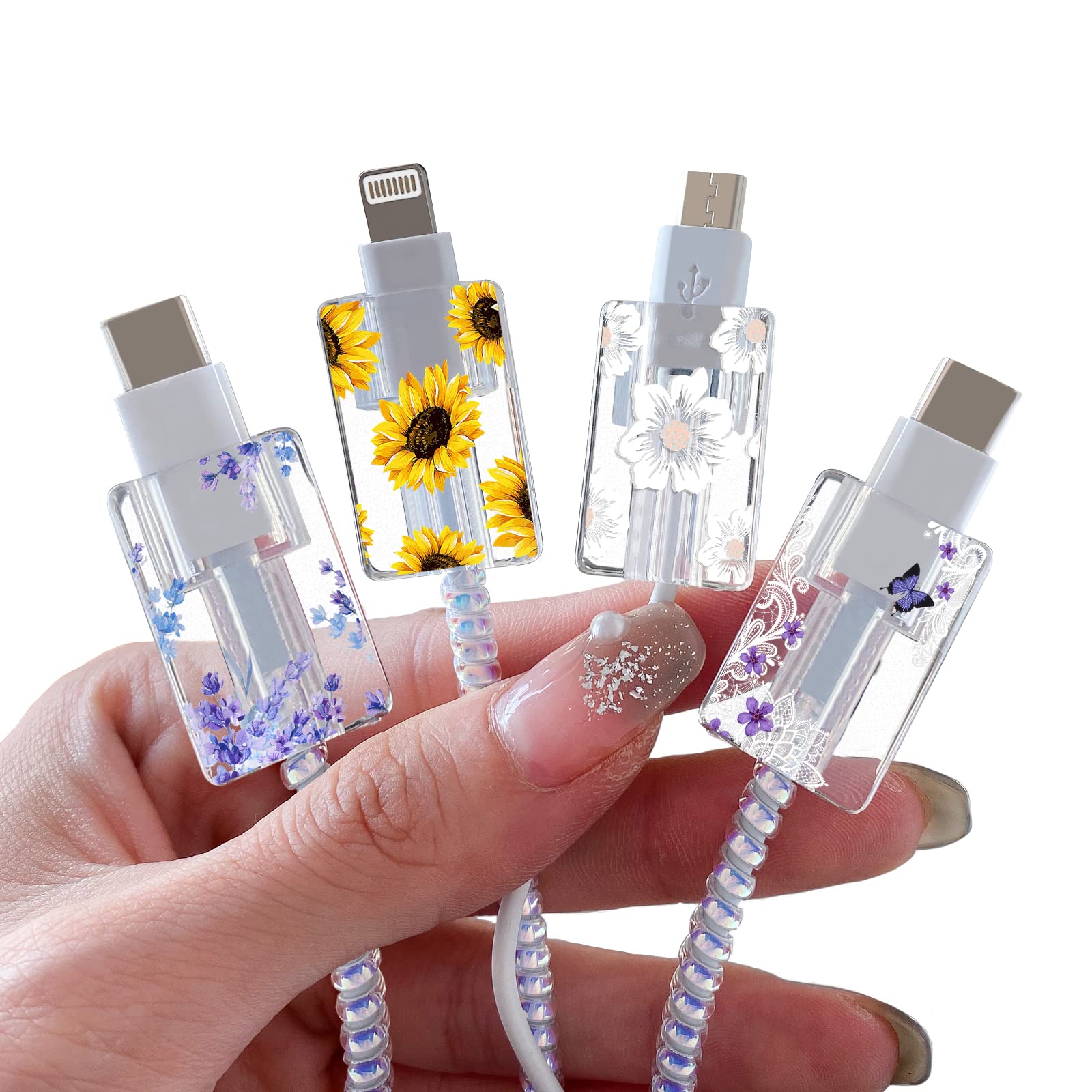 Floral iPhone Lightning Cable Protector Set - 4pcs Cute Lavender Sunflower Lace Design Charging Cord Saver for iPhone & Type-C | Durable Phone Charger Protector for Home, Office & Travel Use