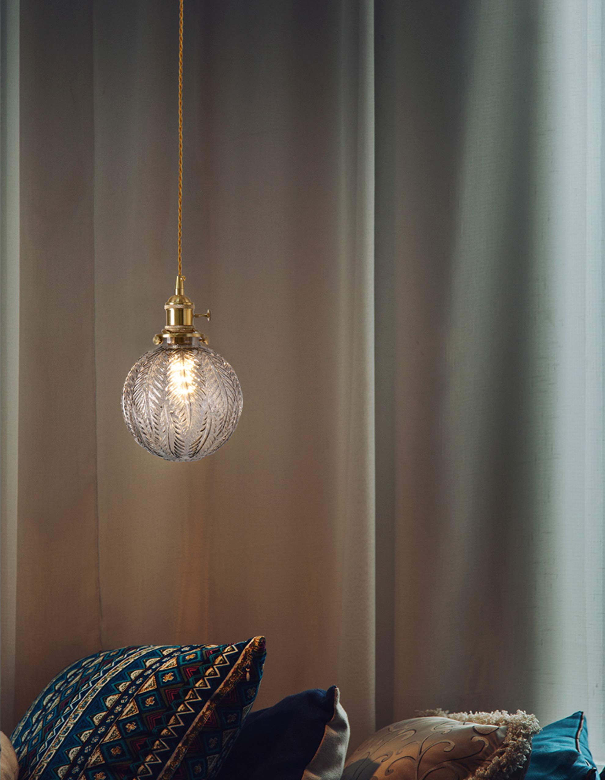 Plug-in Hanging Swag Lamp with 20ft Brown Braided Cord - No Wiring Needed Pendant Light with UL Certified On/Off Dimmer Switch, Smokey Grey Glass Globe Shade & Copper Holder - Perfect for Bedroom, Living Room, Dining Room, and Cafe Decor