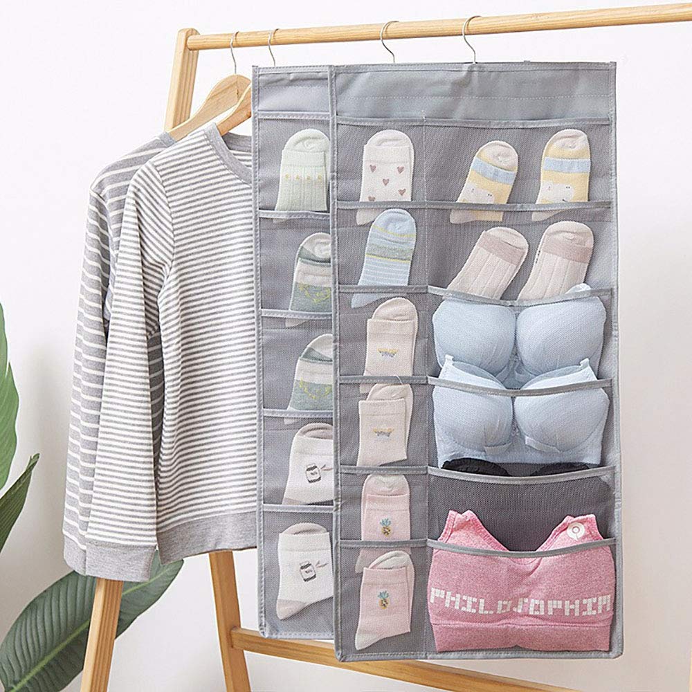 Mesh Closet Hanging Organizer with Rotating Metal Hanger - Dual Sided Wall Shelf Wardrobe Storage Bags for Bra, Underwear, Socks - Space Saving Oxford Cloth Organizer (Gray) - Perfect for Bedroom, Closet & Dorm Organization