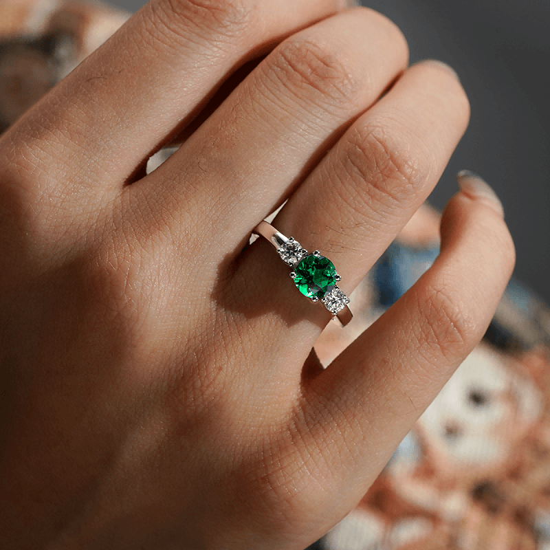 1.5 CT Classic Three Stone Emerald & White Sapphire Ring for Women - Elegant Wedding, Engagement & Anniversary Jewelry Gift
